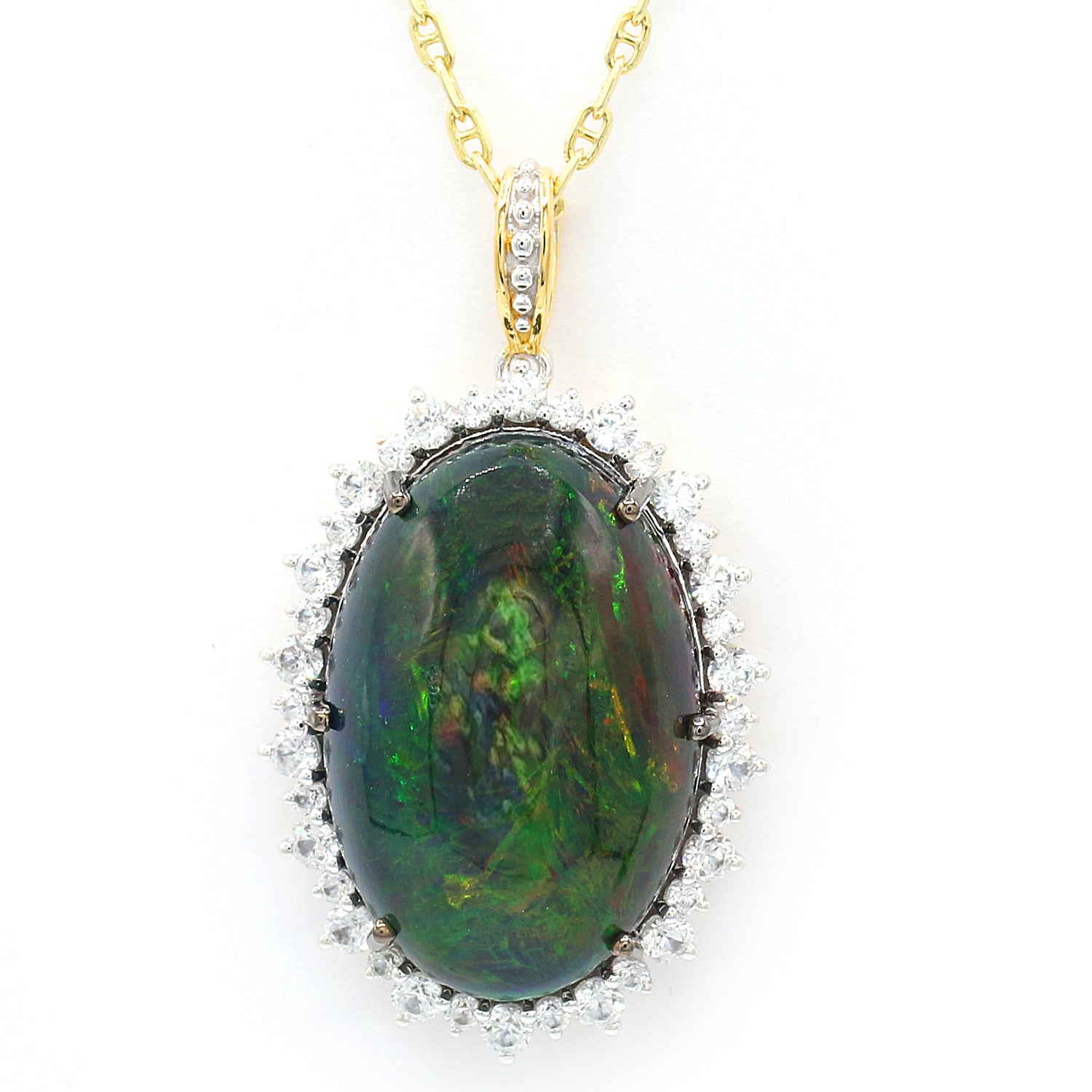 Limited Edition Gems en Vogue Luxe, One-of-a-Kind 24.18ctw Black Ethiopian Opal & White Zircon Halo Pendant