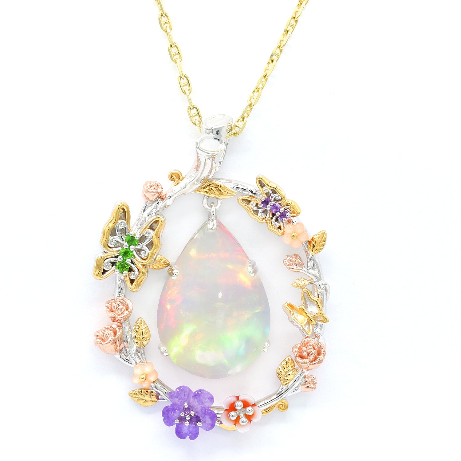 Limited Edition Gems en Vogue Luxe, One-of-a-Kind 11.50ctw Ethiopian Opal & Multi Gemstones Flower & Butterfly Pendant