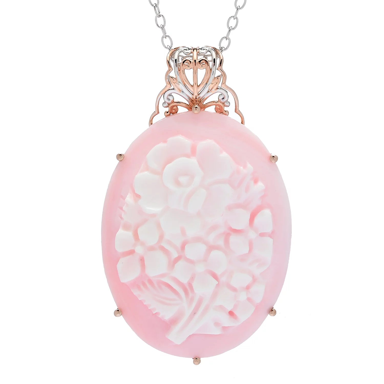 Gems en Vogue Pink & White Flower Shell Cameo Pendant