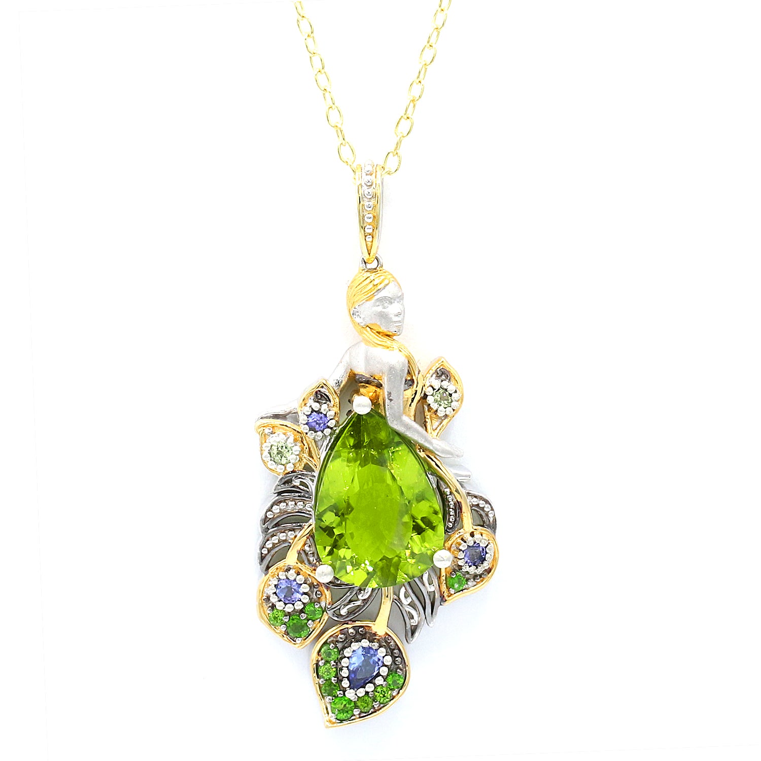 Limited Edition Gems en Vogue One-of-a-Kind 7.50ctw Peridot & Multi Gemstones Lady & Peacock Pendant