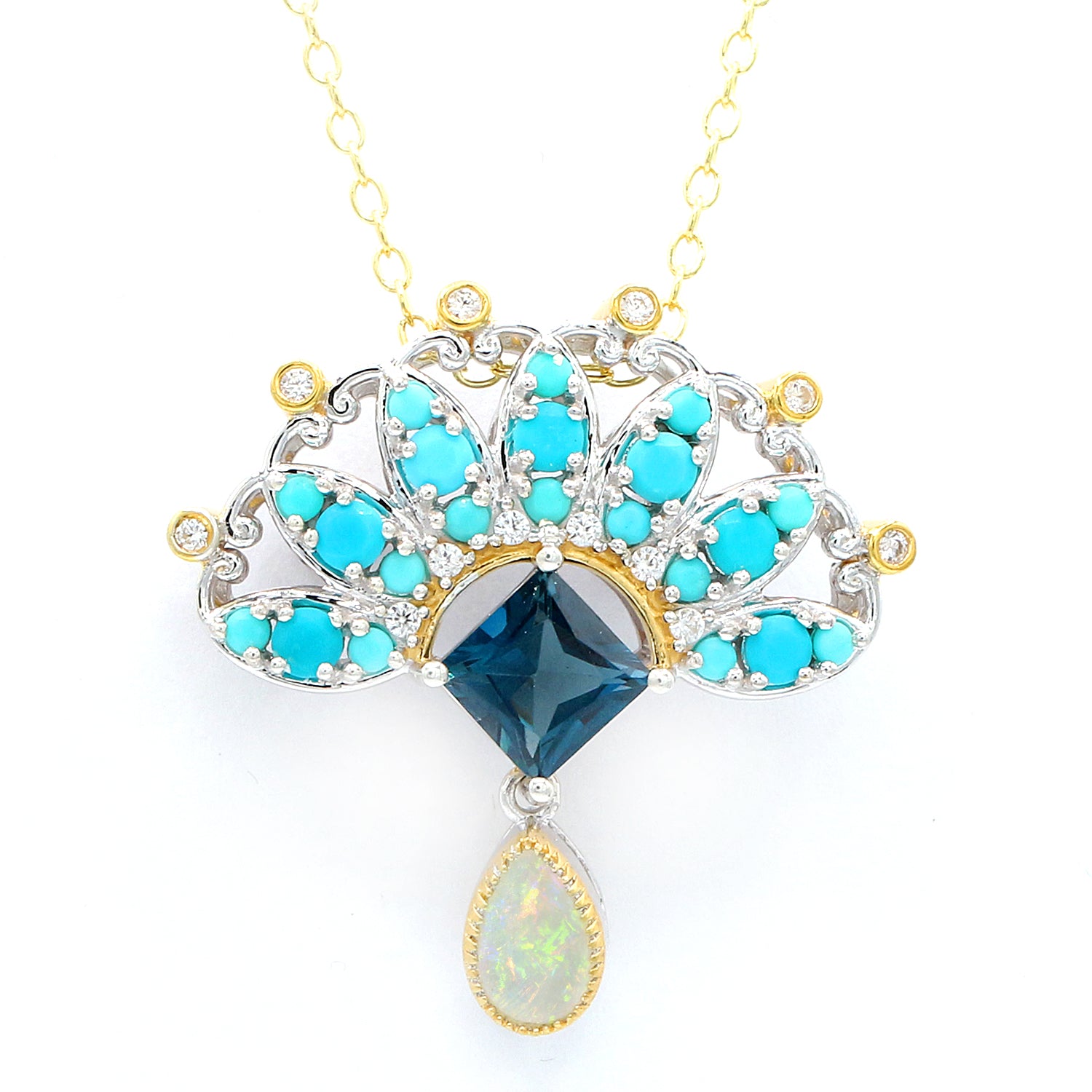 Gems en Vogue 3.51ctw Turquoise, London Blue Topaz & Australian Opal Multi Gemstones Brooch/Pendant