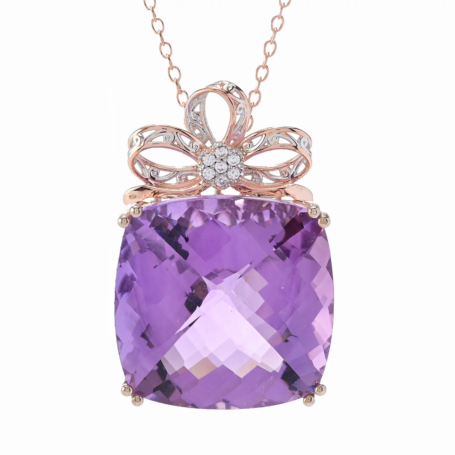 Gems en Vogue 50.16ctw Pink Amethyst & White Zircon Bow Honker Pendant