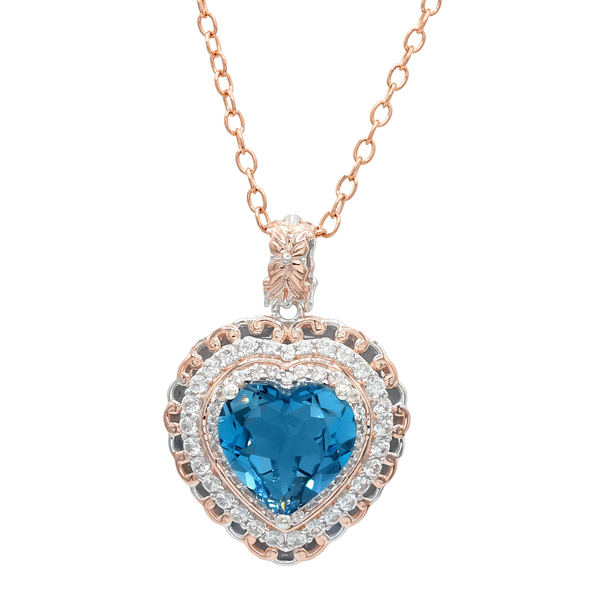 Gems en Vogue 18K Palladium Silver 8.06ctw Heart London Blue Topaz & White Zircon Double Halo Pendant