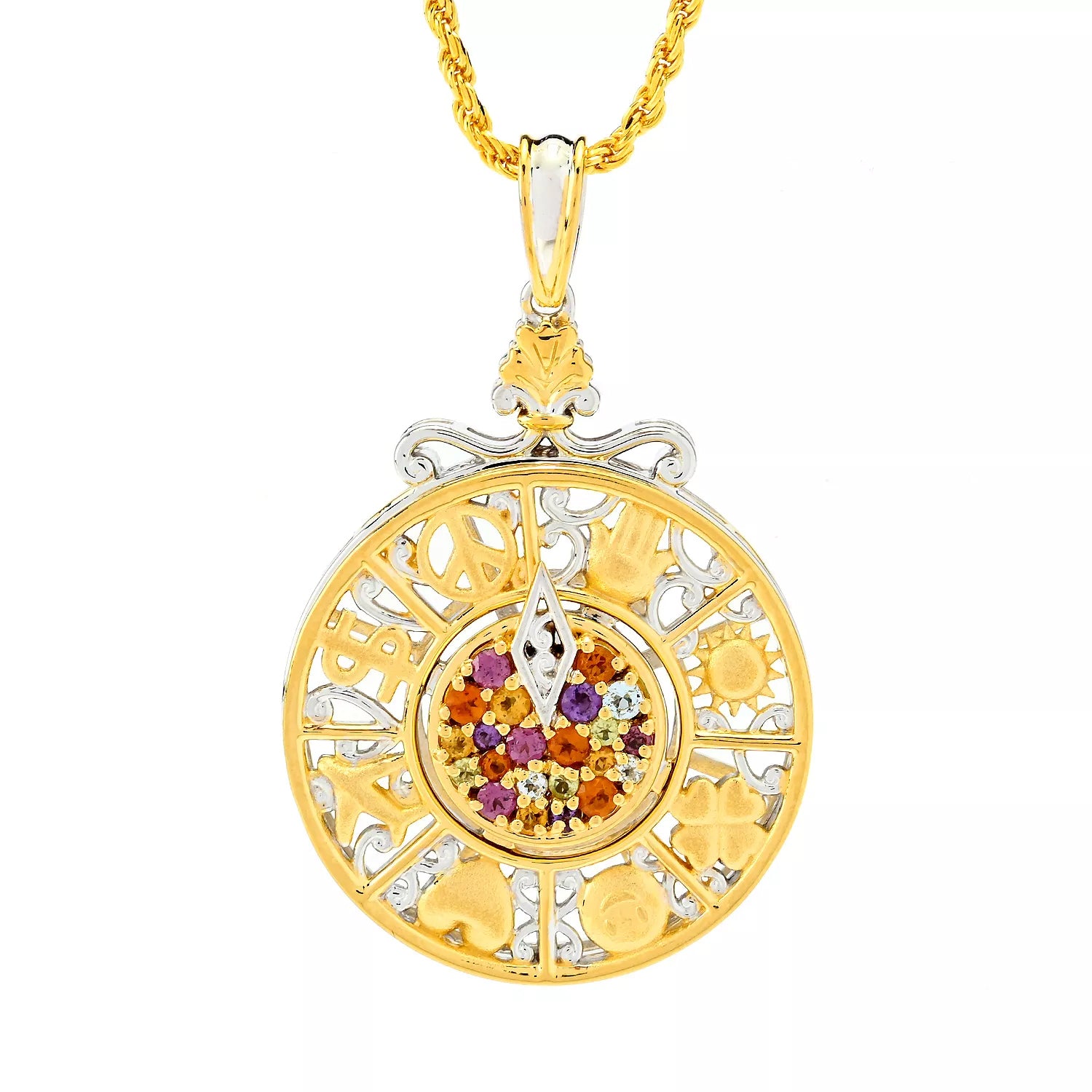 Gems en Vogue 0.51ctw Multi Gemstones Spinning Fortune Wheel Medallion Pendant