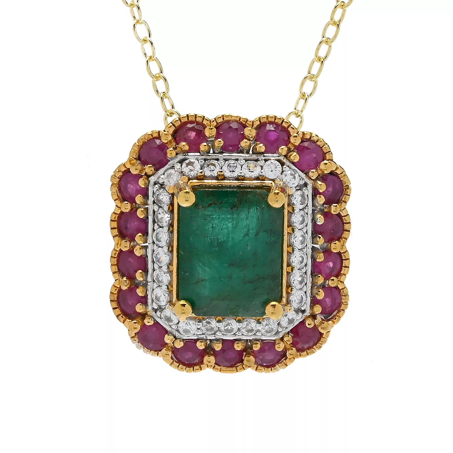 Gems en Vogue 5.22ctw Grizzly Emerald, Ruby & White Zircon Pendant