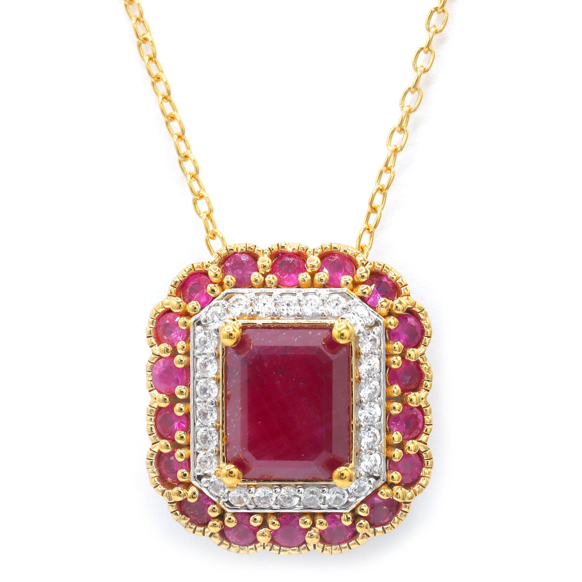 Gems en Vogue One-of-a-Kind 24K Palladium Silver 5.36ctw Untreated Ruby & White Zircon Double Halo Pendant