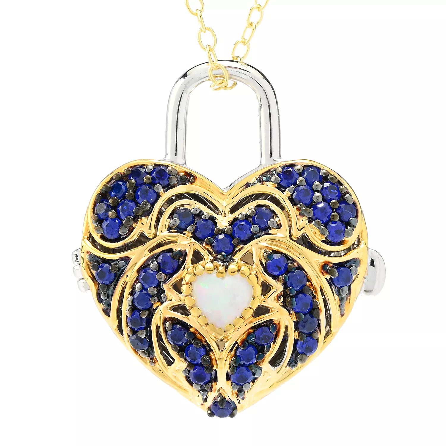 Gems en Vogue Heart Shape Ethiopian Opal & Cobalt Blue Spinel Locket Pendant