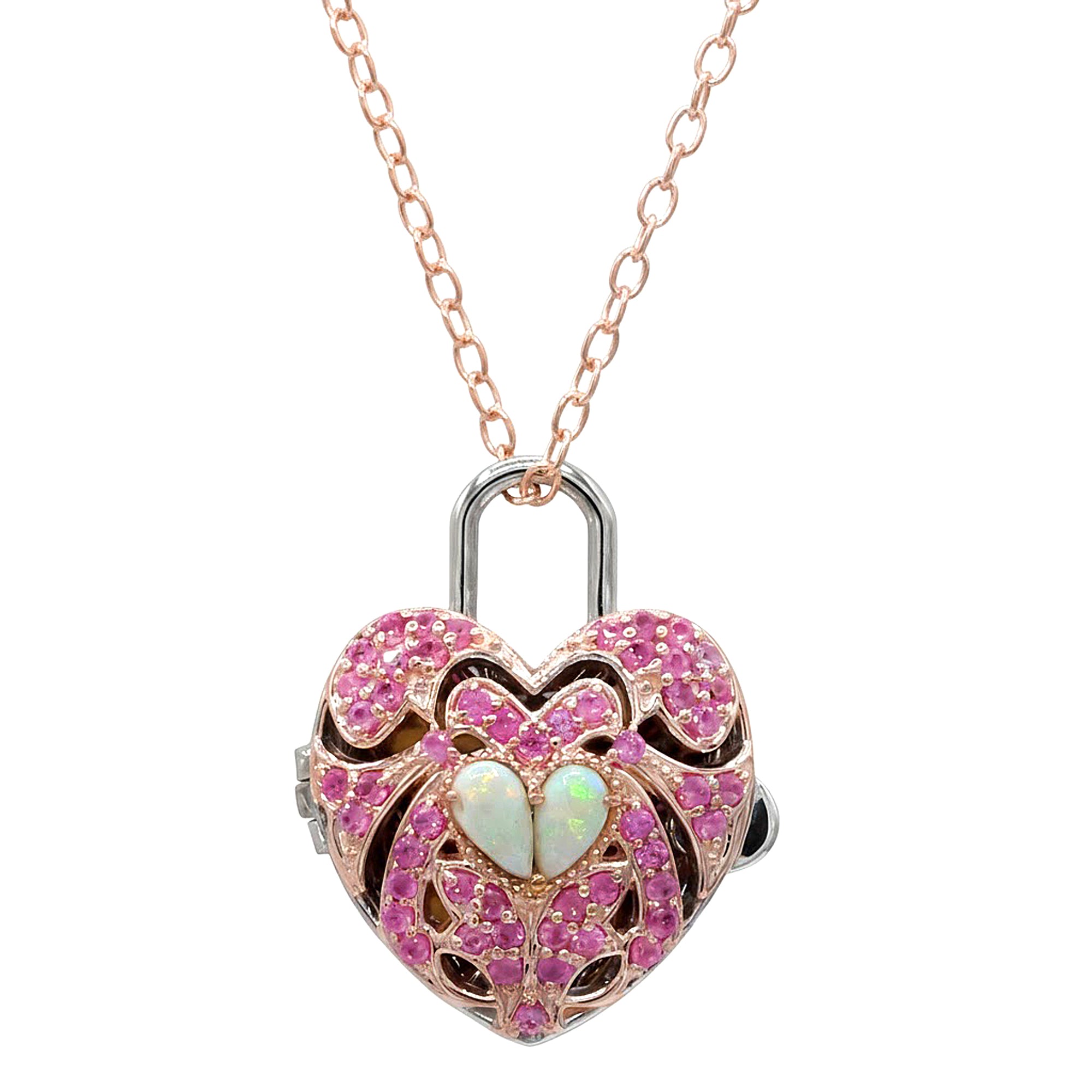 Gems en Vogue 18K Palladium Silver Ethiopian Opal & Pink Sapphire Heart Locket Pendant