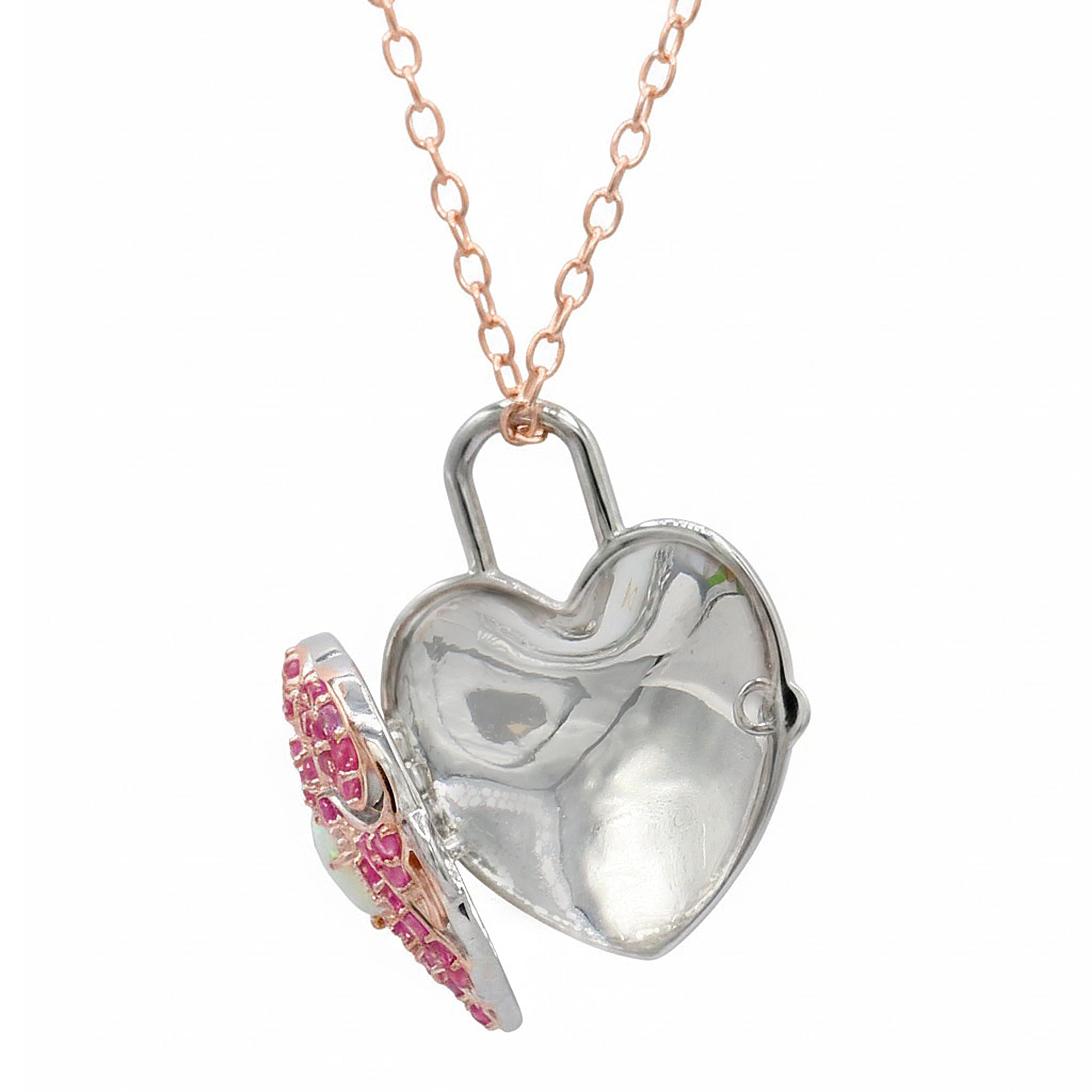 Gems en Vogue 18K Palladium Silver Ethiopian Opal & Pink Sapphire Heart Locket Pendant