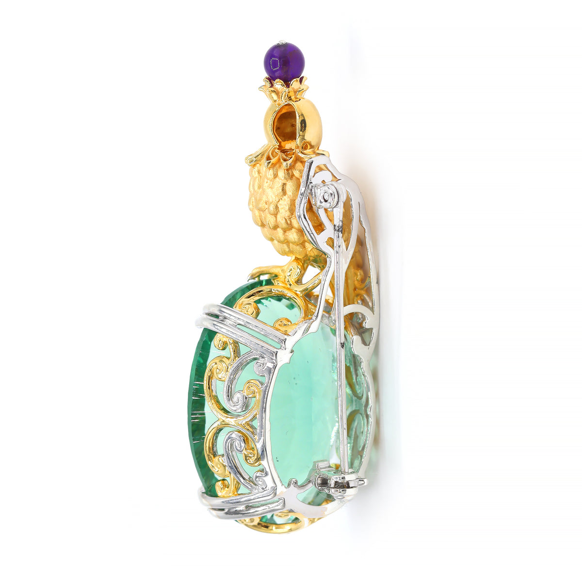 Couture Gems One-of-a-kind 24K Palladium Silver 39.50ctw Teal Fluorite, Amethyst & Diamond Bird Brooch/Pendant