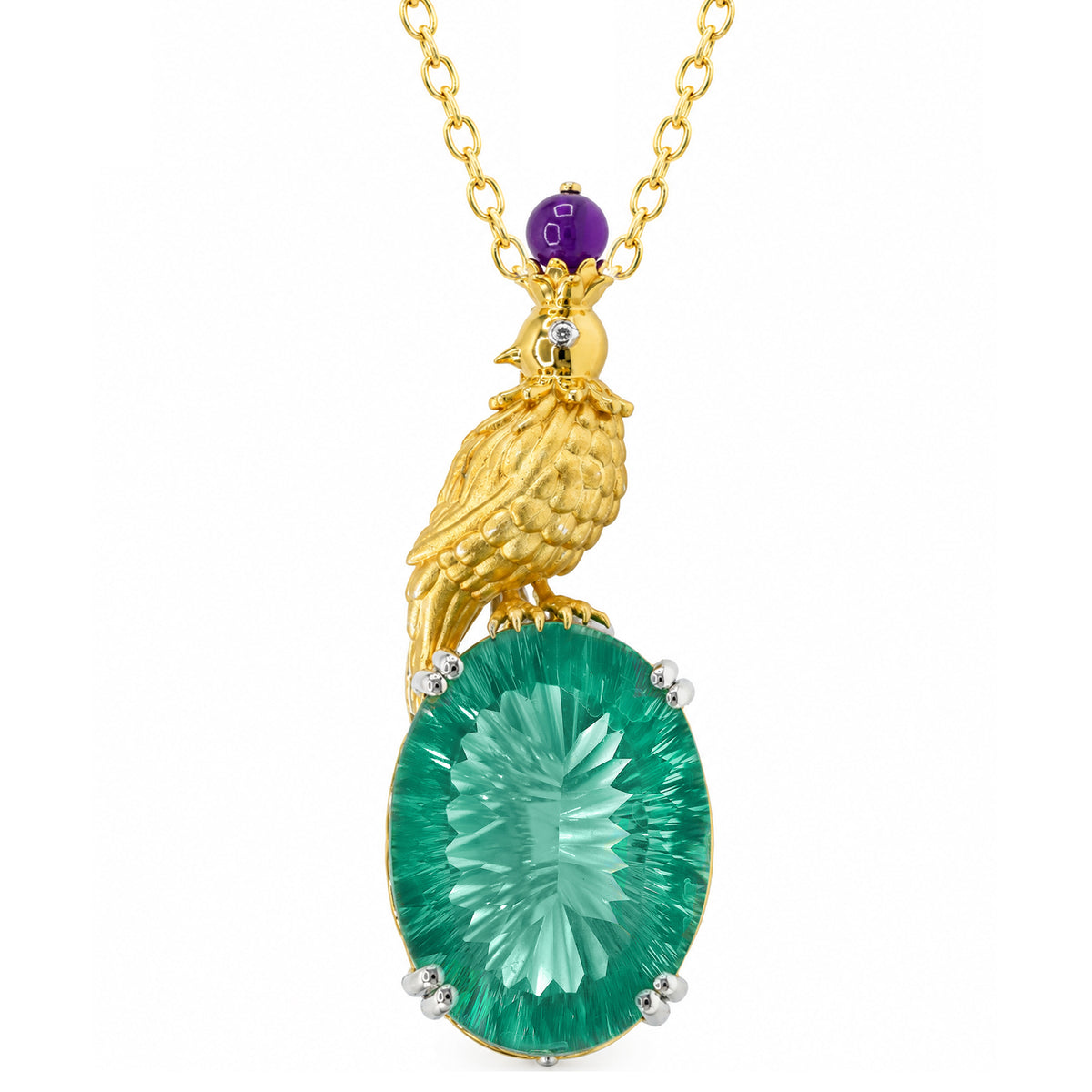 Couture Gems One-of-a-kind 24K Palladium Silver 39.50ctw Teal Fluorite, Amethyst & Diamond Bird Brooch/Pendant