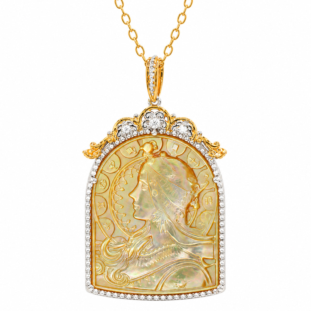 Gems en Vogue 24K Palladium Silver Yellow Mother-of-Pearl & White Zircon Art Nouveau Zodiac Pendant