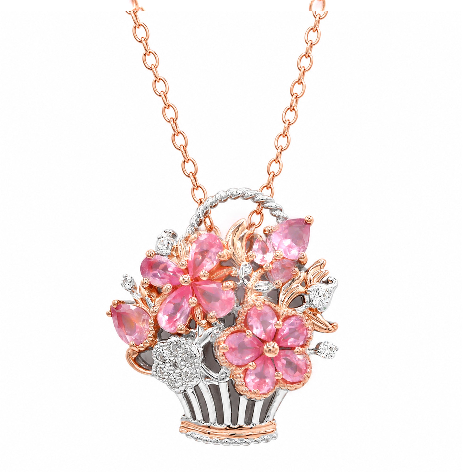 Gems en Vogue 18K Palladium Silver 2.70ctw Pink Spinel & White Zircon Flower Basket Pendant