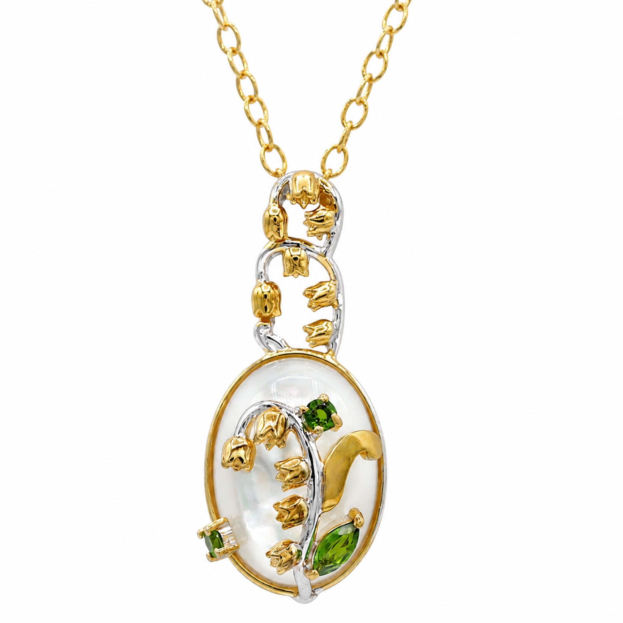 Gems en Vogue 24K Palladium Silver White Mother-of-Pearl & Chrome Diopside Lily of the Valley Flower Pendant