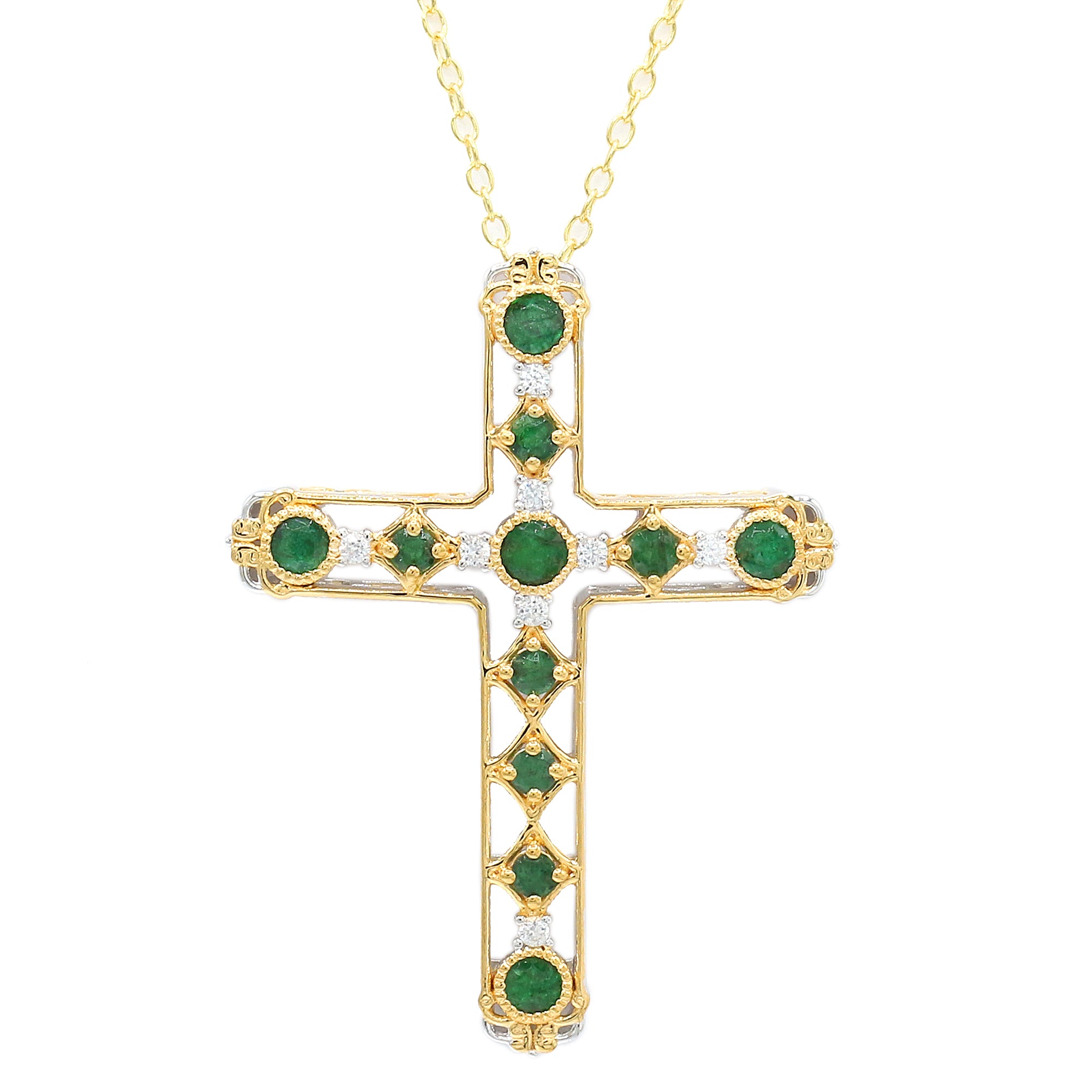 Gems en Vogue 24K Palladium Silver 1.76ctw Grizzly Emerald & White Zircon Cross Pendant