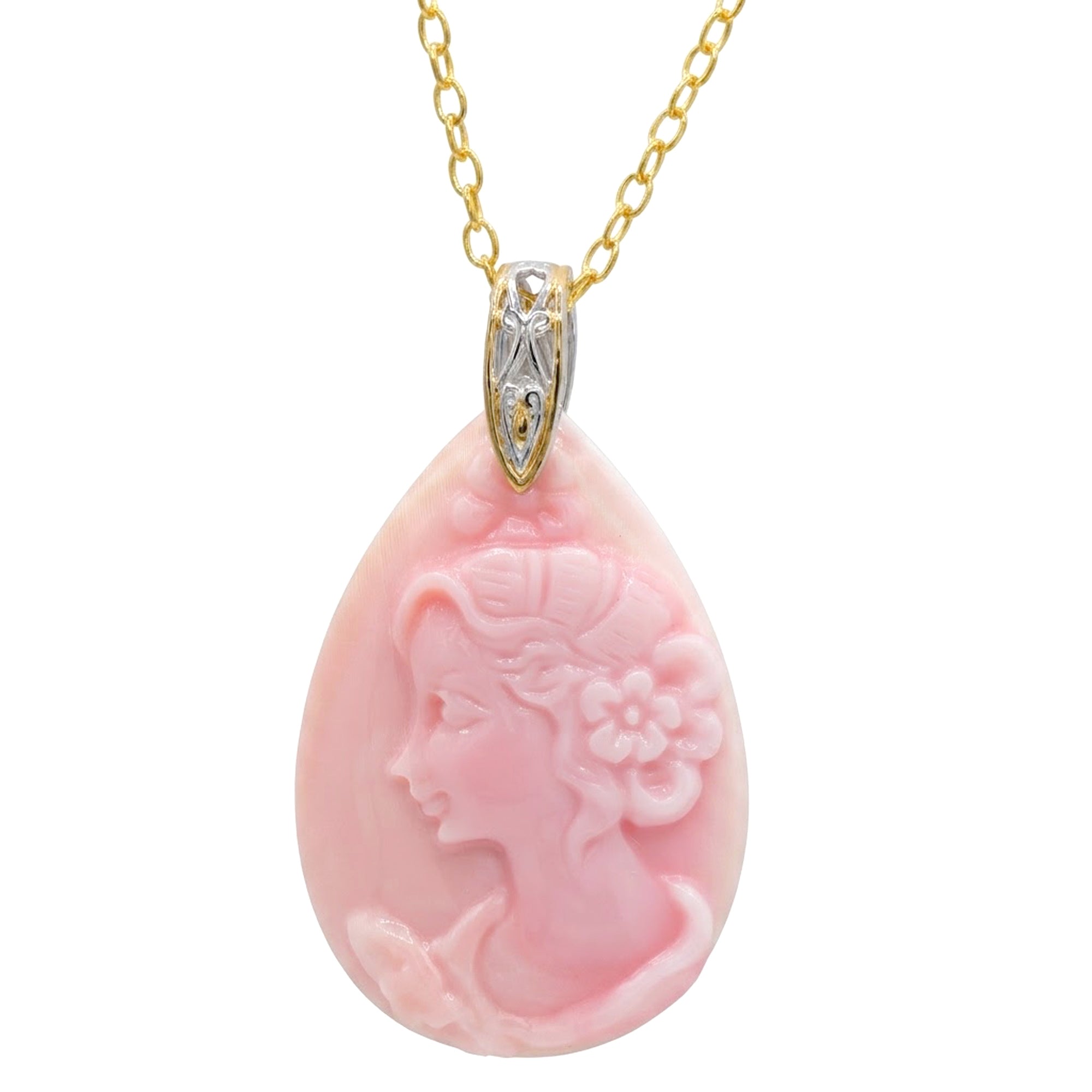 Gems en Vogue One-of-a-kind 24K Palladium Silver Carved Pink Conch Shell Cameo Floral Maiden Pendant
