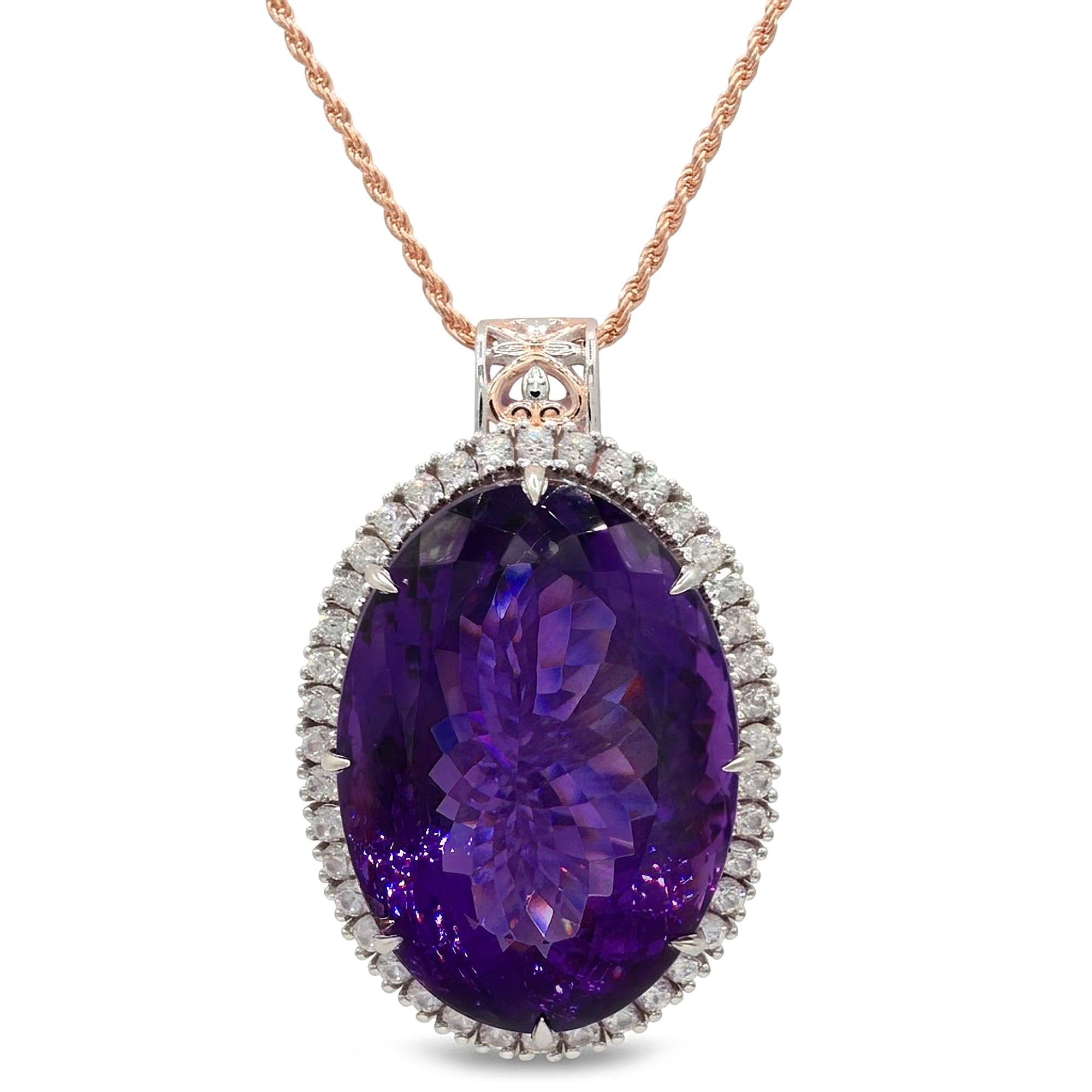 Couture Gems One-of-a-kind 18K Palladium Silver 117.40ctw Tanzanian Amethyst & White Zircon Halo Honker Pendant