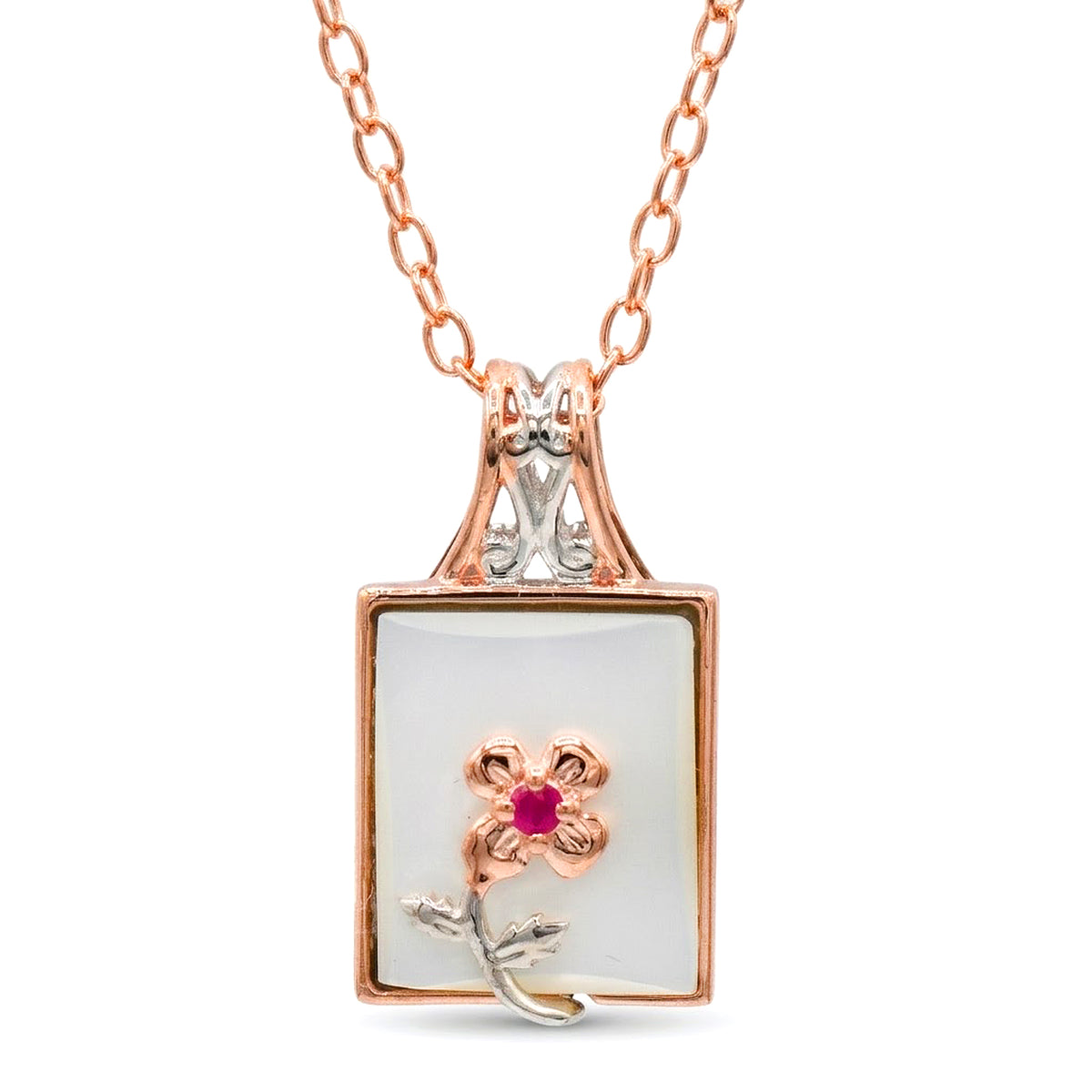 Gems en Vogue 18K Palladium Silver White Mother-of-Pearl & Ruby Flower Pendant