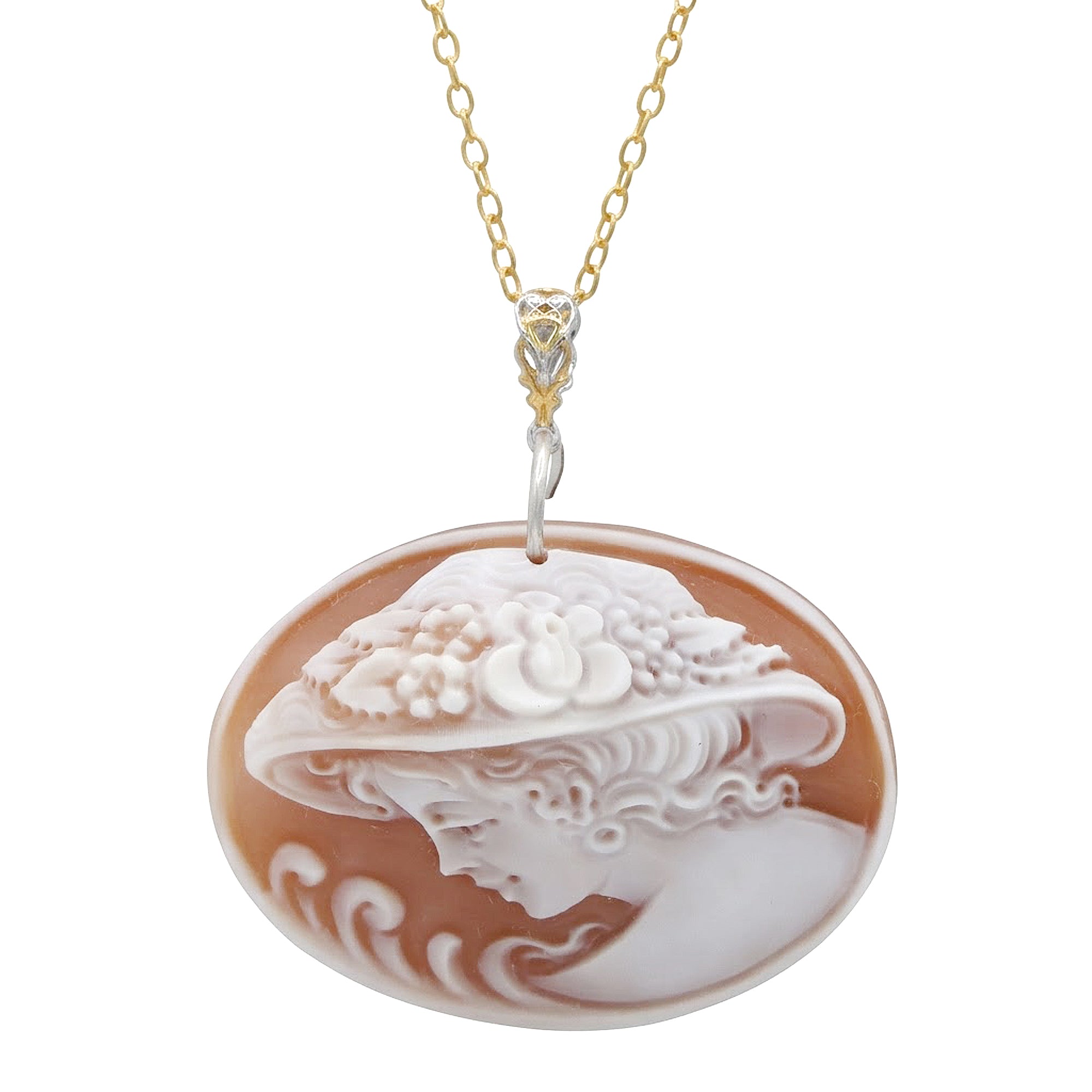 Gems en Vogue 24K Palladium Silver High Relief Cameo Hat Lady Portrait Pendant