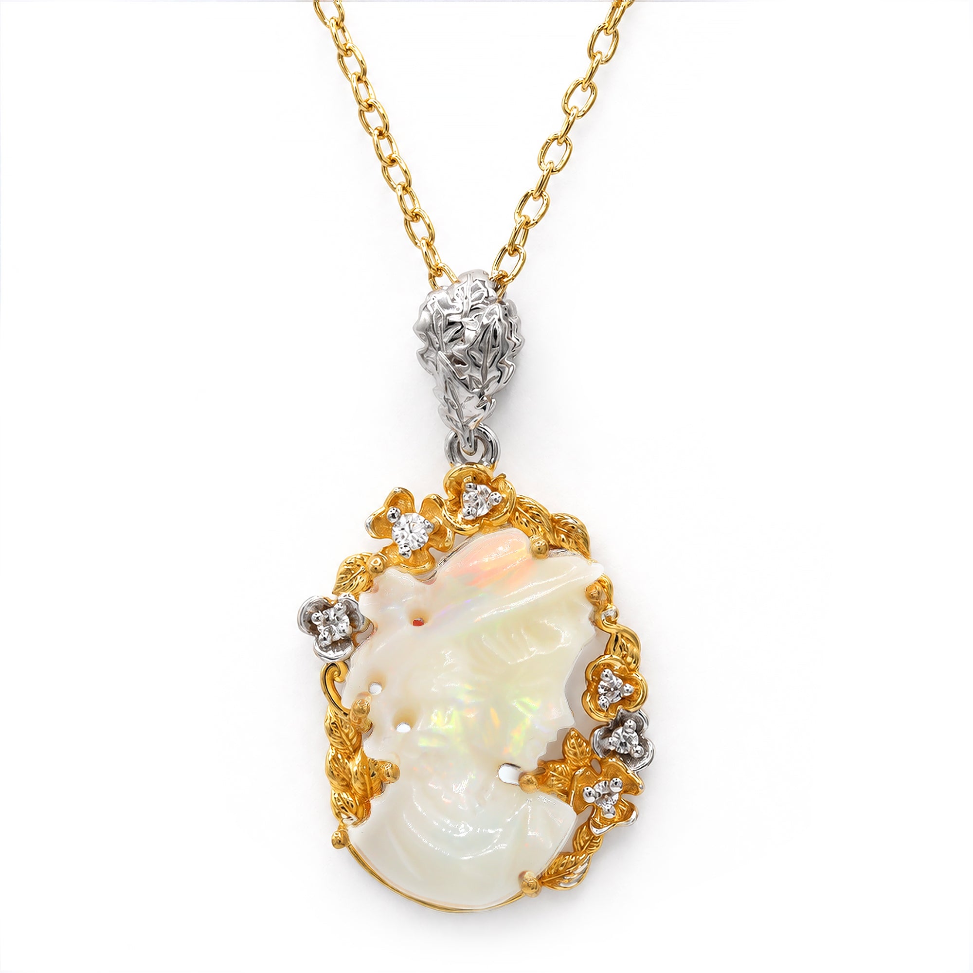 Couture Gems One-of-a-Kind 24K Palladium Silver 2.94ctw Carved Australian Opal & White Zircon Lady & Flower Pendant