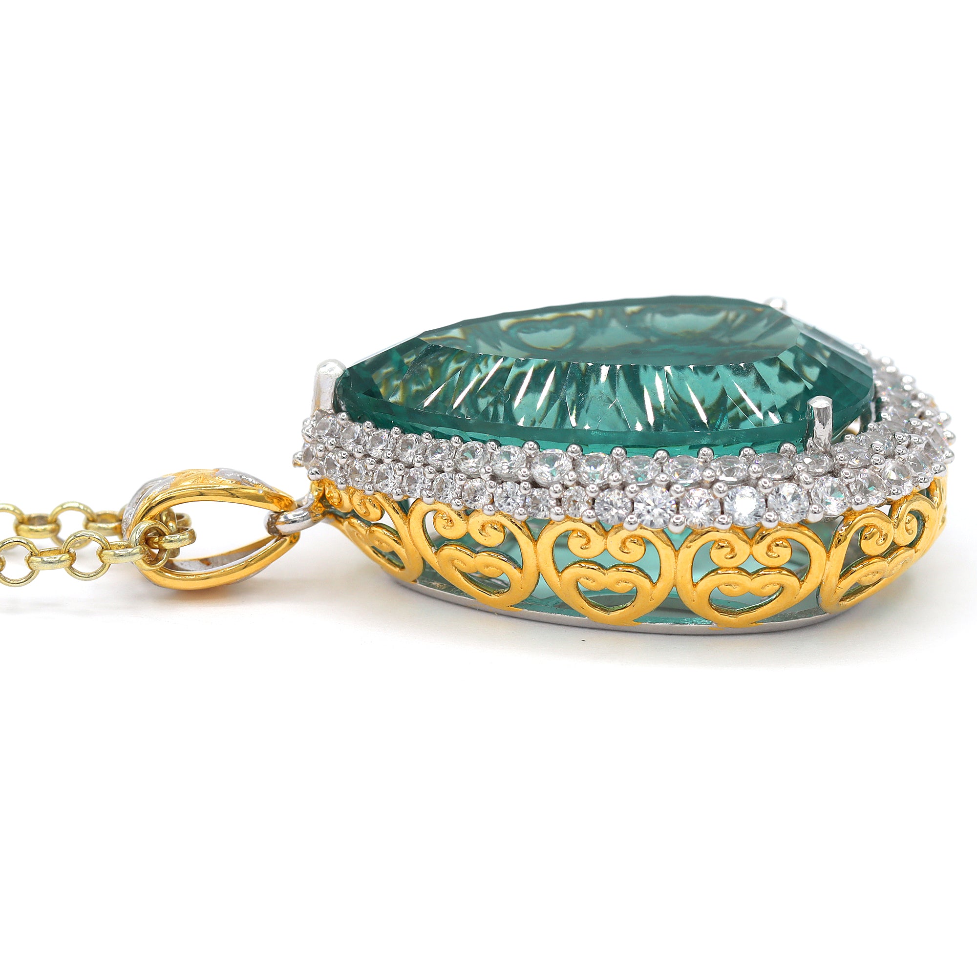 Couture Gems One-of-a-kind 24K Palladium Silver 33.21ctw Teal Fluorite & White Zircon Halo Pendant