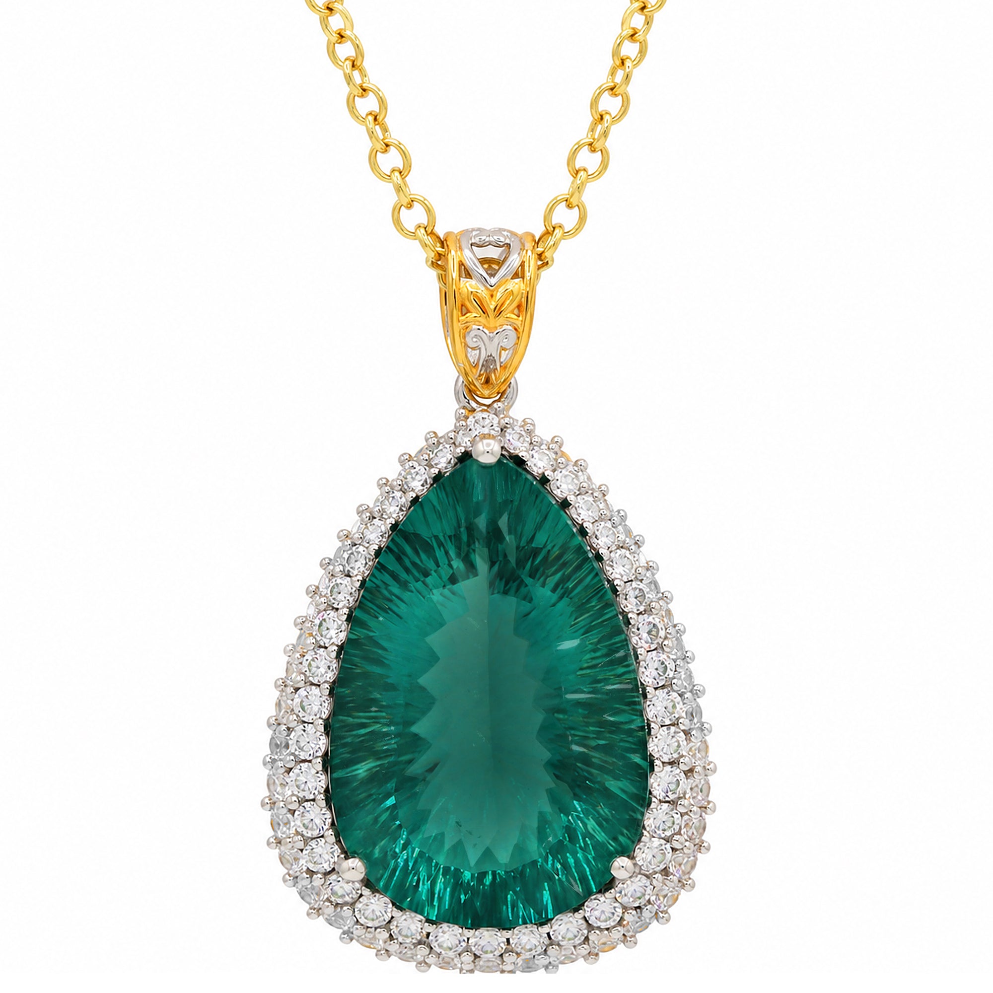 Couture Gems One-of-a-kind 24K Palladium Silver 33.21ctw Teal Fluorite & White Zircon Halo Pendant