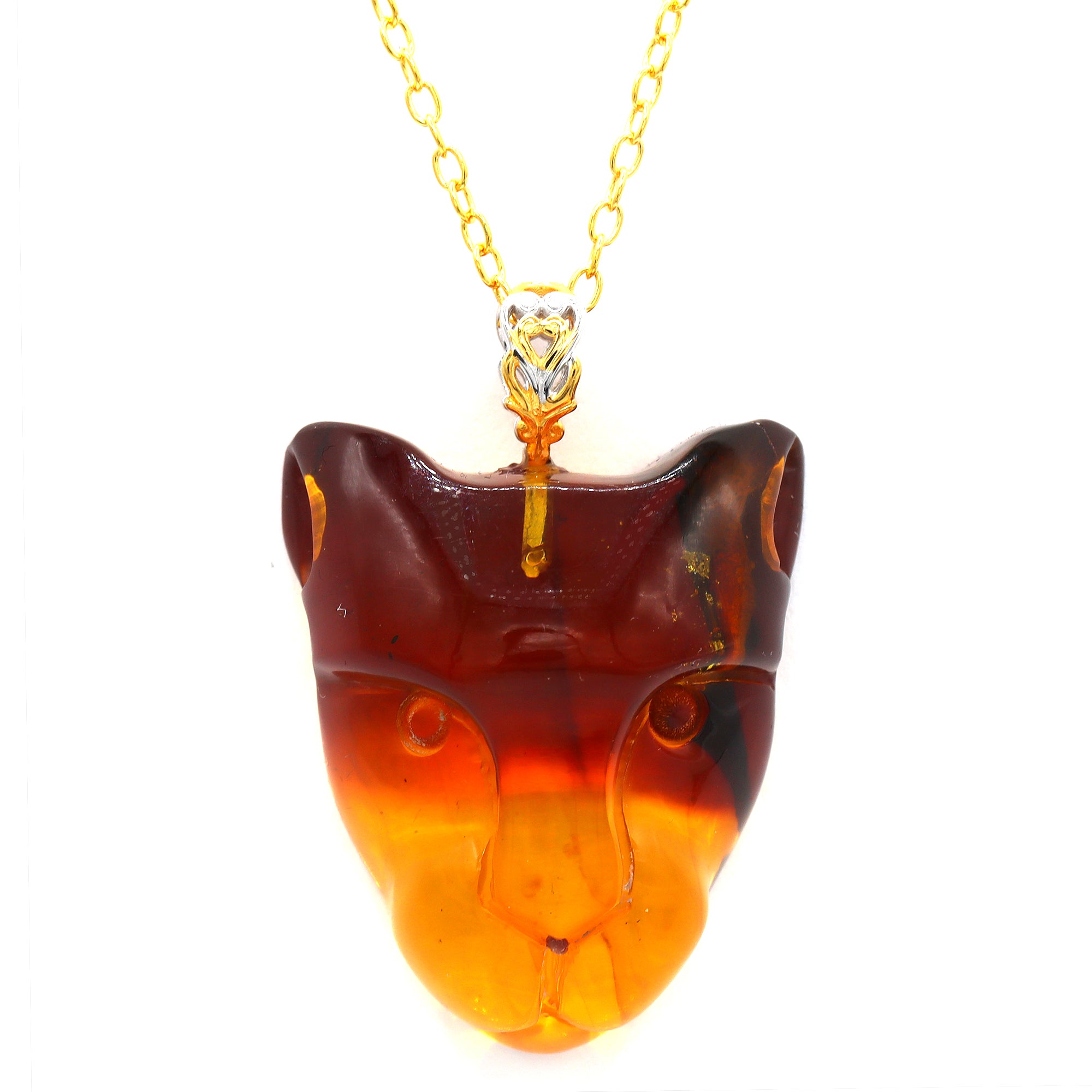 Gems en Vogue One-of-a-kind 24K Palladium Silver Carved Amber Ombre Panther Head Pendant