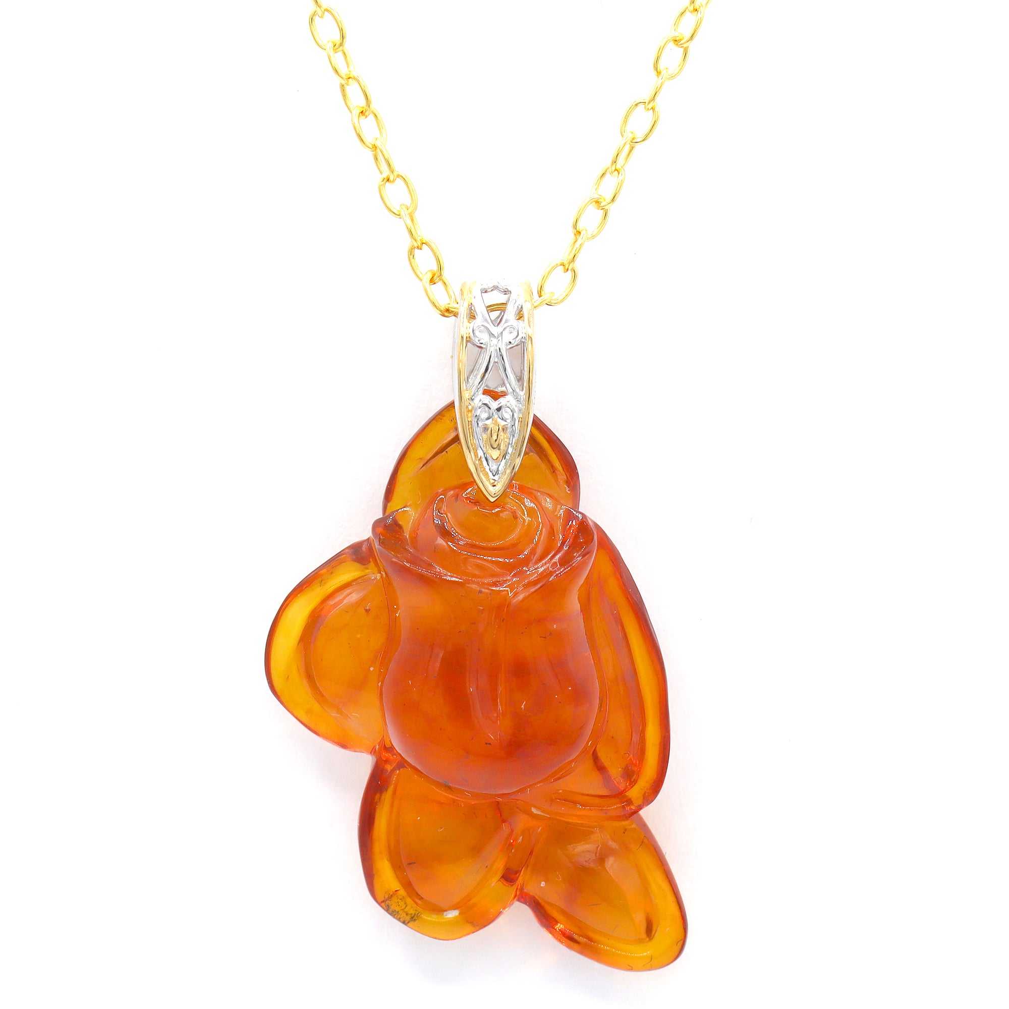 Gems en Vogue One-of-a-kind 24K Palladium Silver Carved Amber Rose Flower Bud Pendant