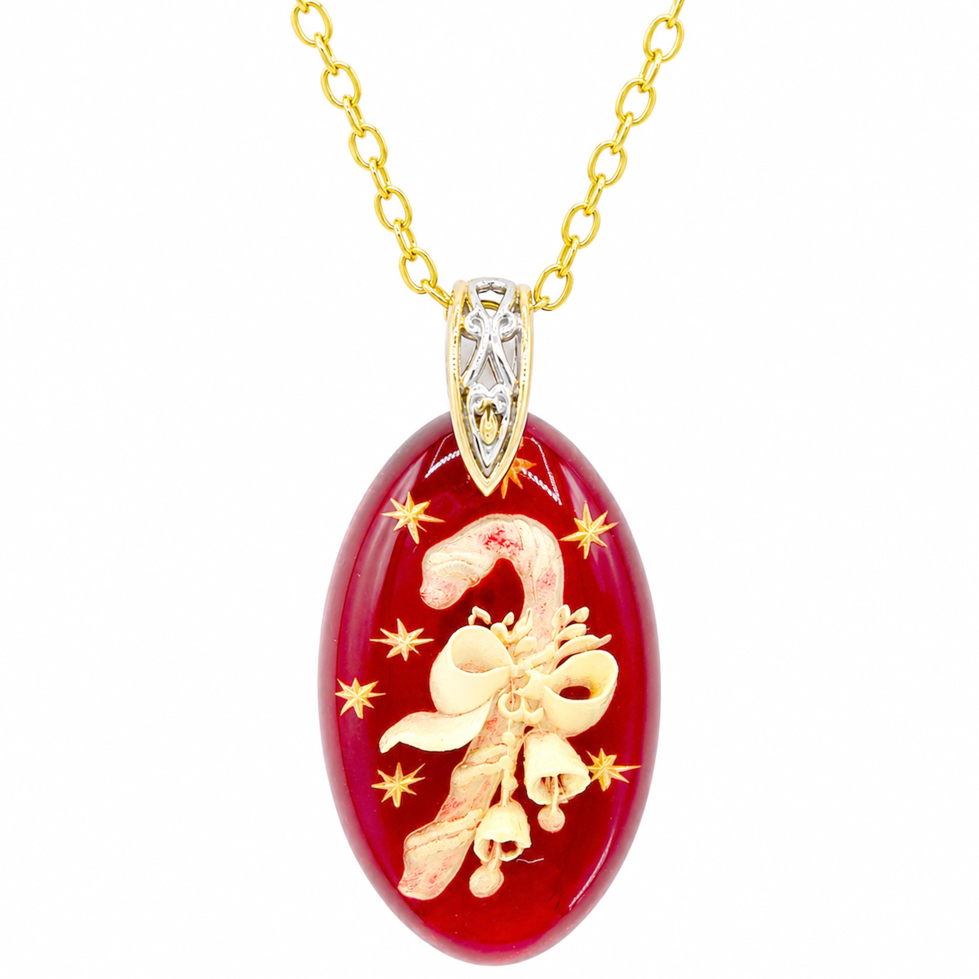 Gems en Vogue One-of-a-kind 24K Palladium Silver Carved Red Amber Holiday Candy Cane Pendant