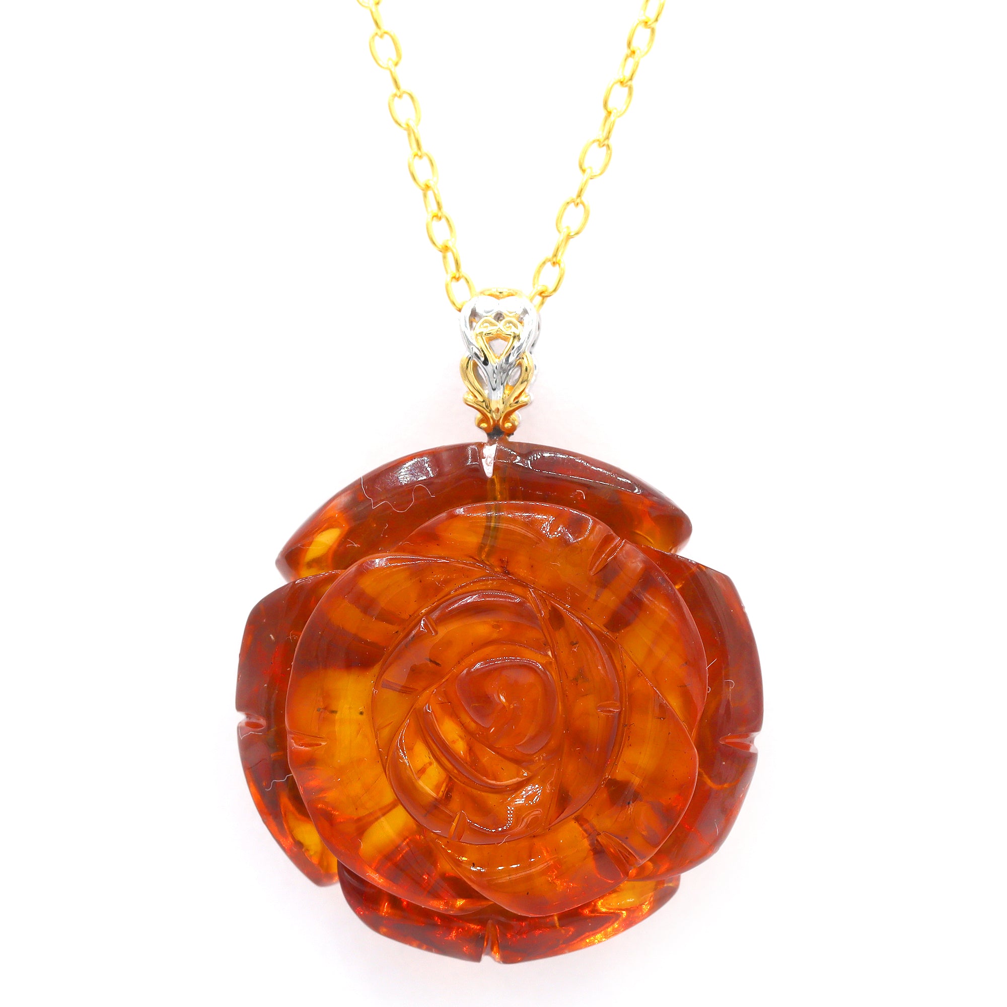 Gems en Vogue One-of-a-Kind 24K Palladium Silver Carved Amber Blooming Rose Flower Pendant