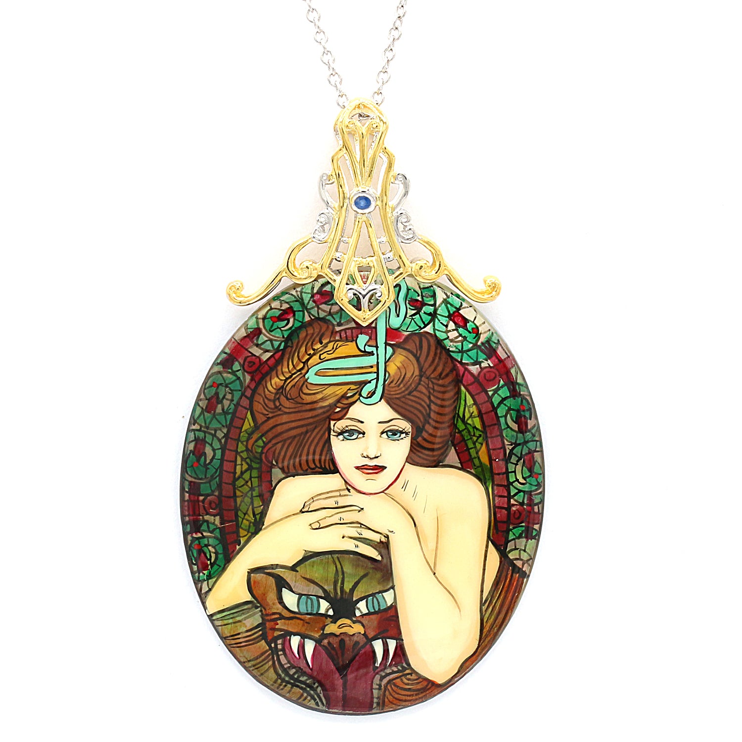 Gems en Vogue Hand Painted Shell & Choice of Gemstone Lady & Snake Pendant