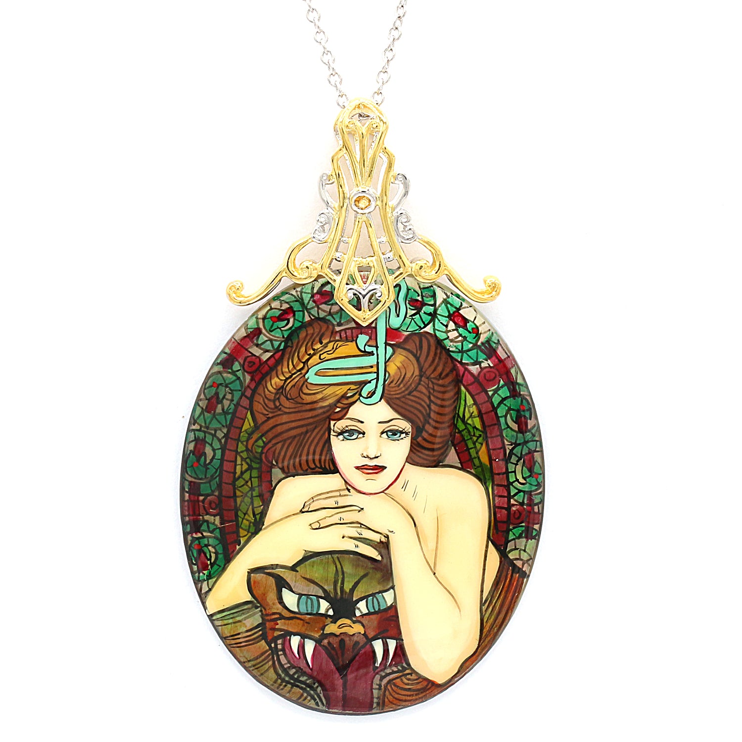 Gems en Vogue Hand Painted Shell & Choice of Gemstone Lady & Snake Pendant