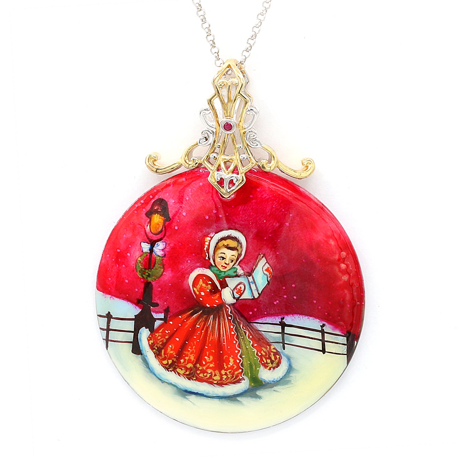 Gems en Vogue Hand-Painted Shell & Ruby Christmas Carol Pendant