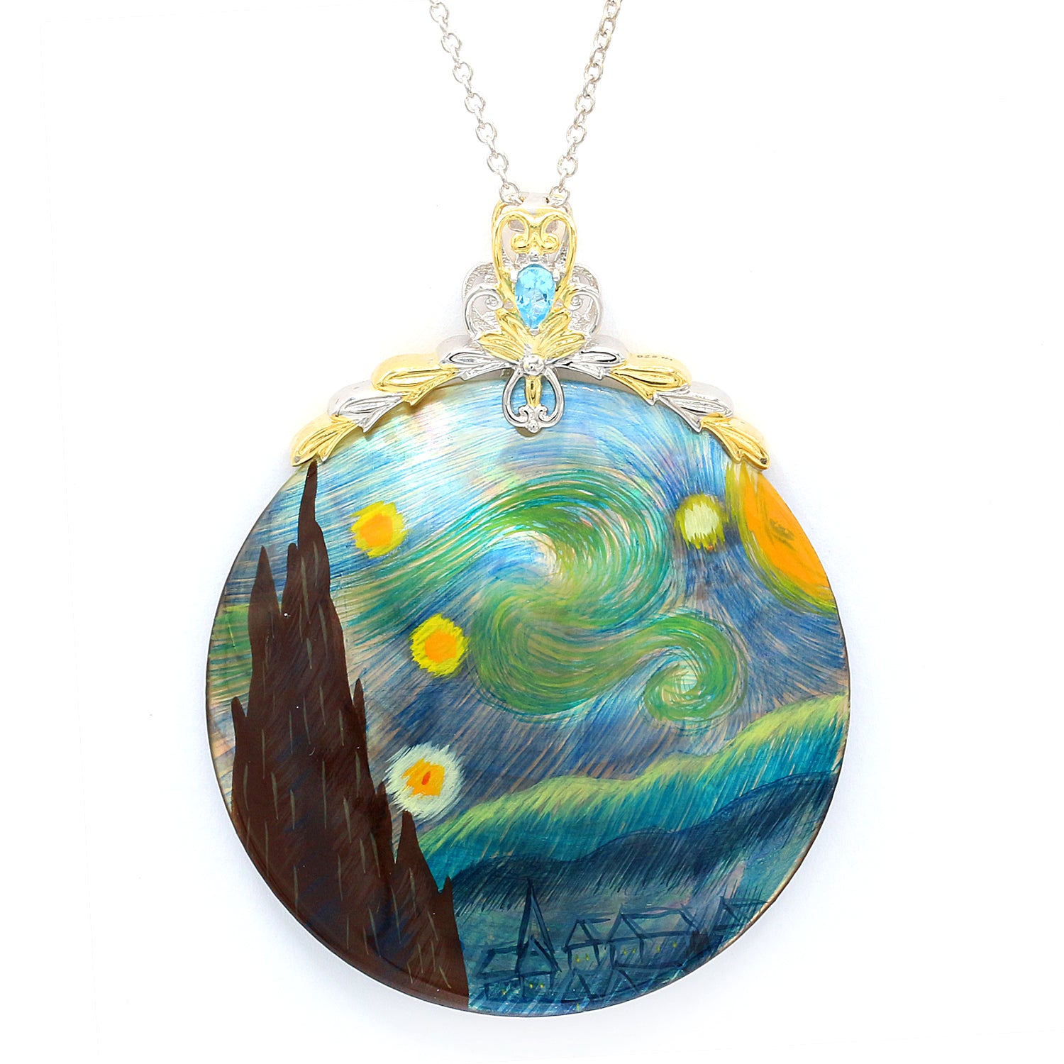 Gems en Vogue Hand Painted Shell & Swiss Blue Topaz The Starry Night Pendant