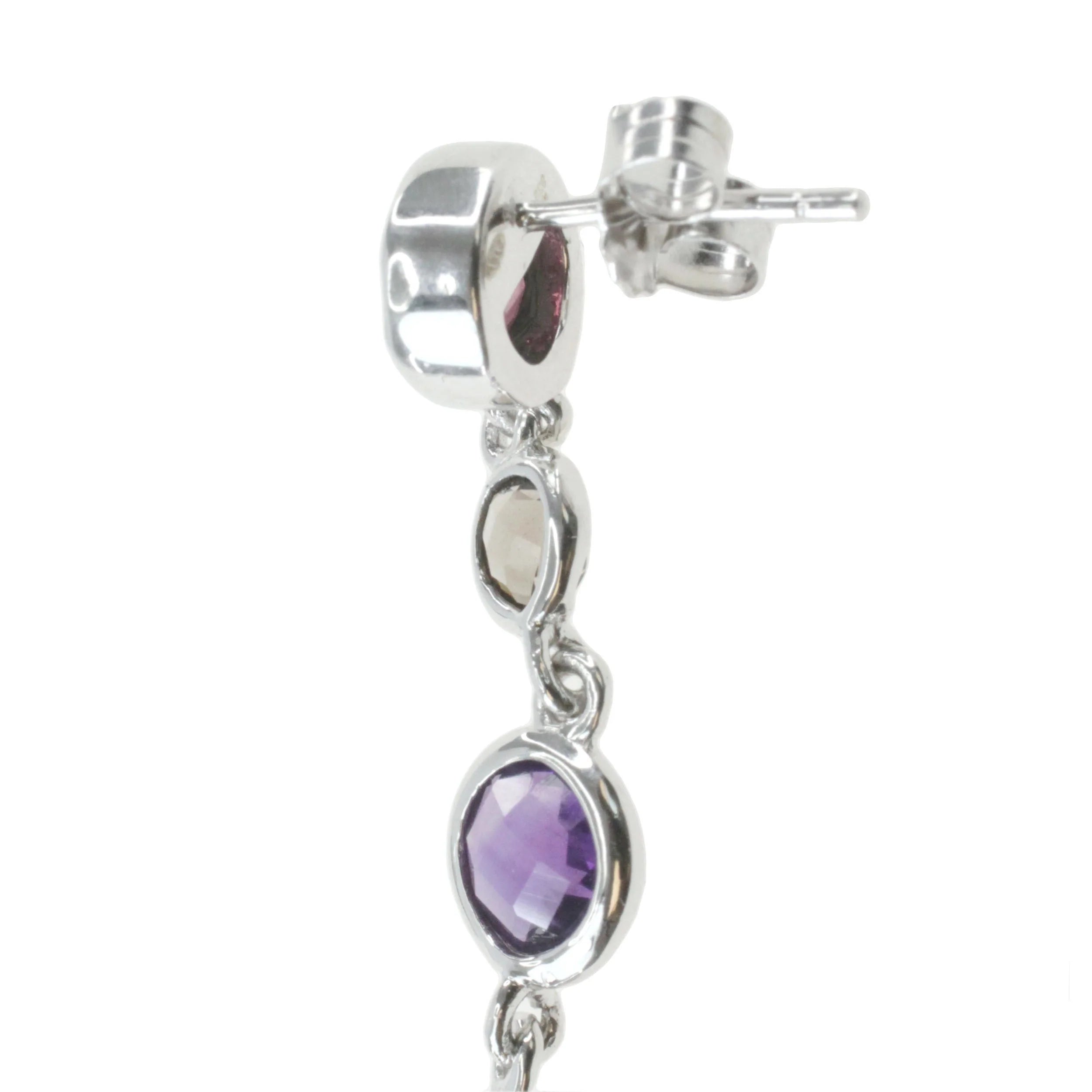 Maison De Gems Sterling Silver Rhodolite Smoky Quartz and Amethyst Earrings