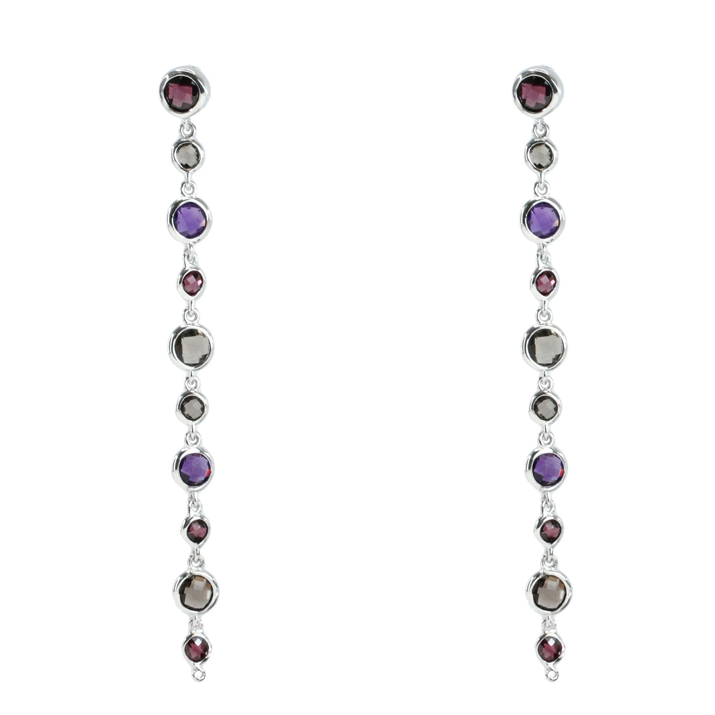 Maison De Gems Sterling Silver Rhodolite Smoky Quartz and Amethyst Earrings