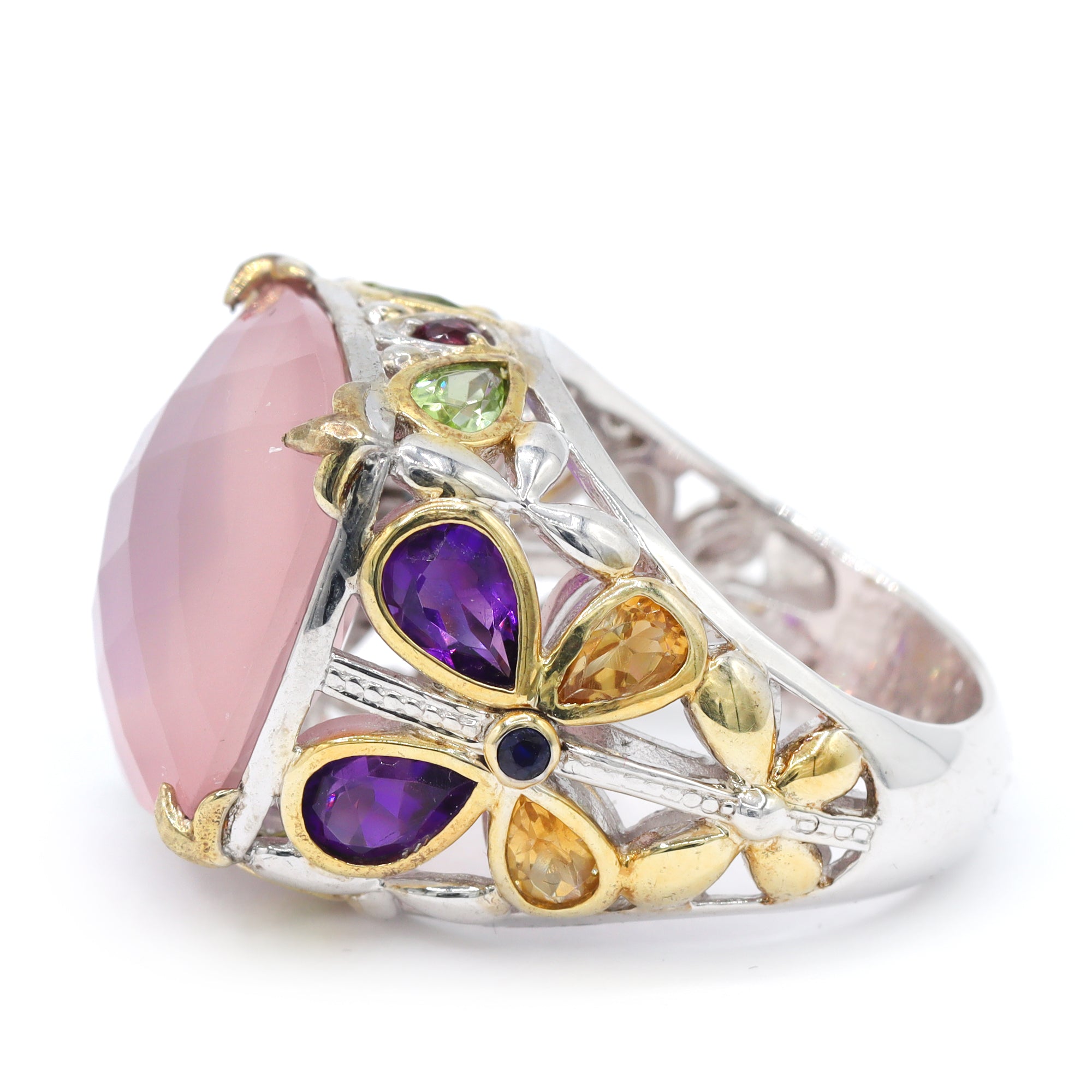 Gems en Vogue One-of-a-Kind 24K Palladium Silver 18.42ctw Rose Quartz & Multi Gemstones Flower Ring