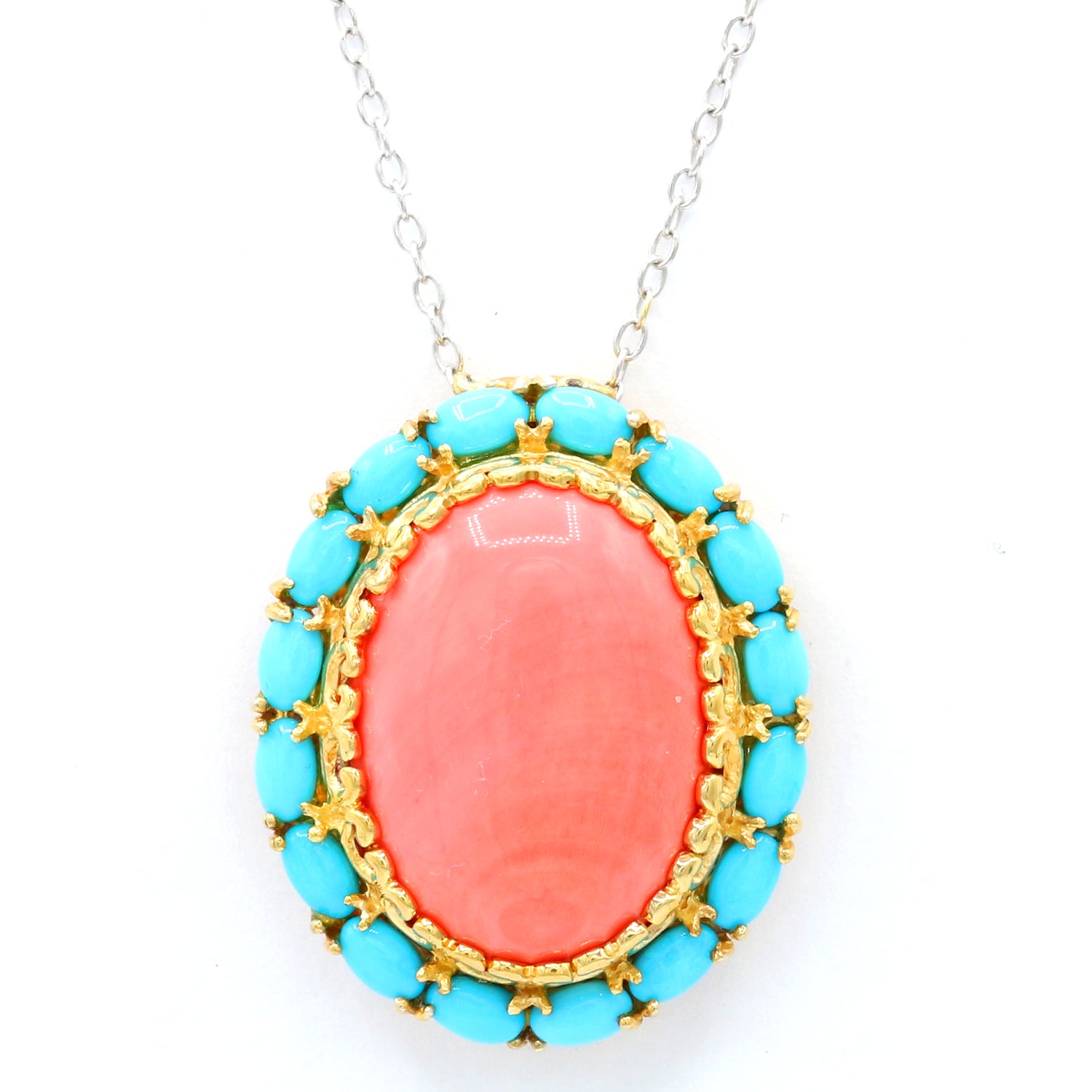 Gems en Vogue Salmon Coral & Sleeping Beauty Turquoise Halo Pendant