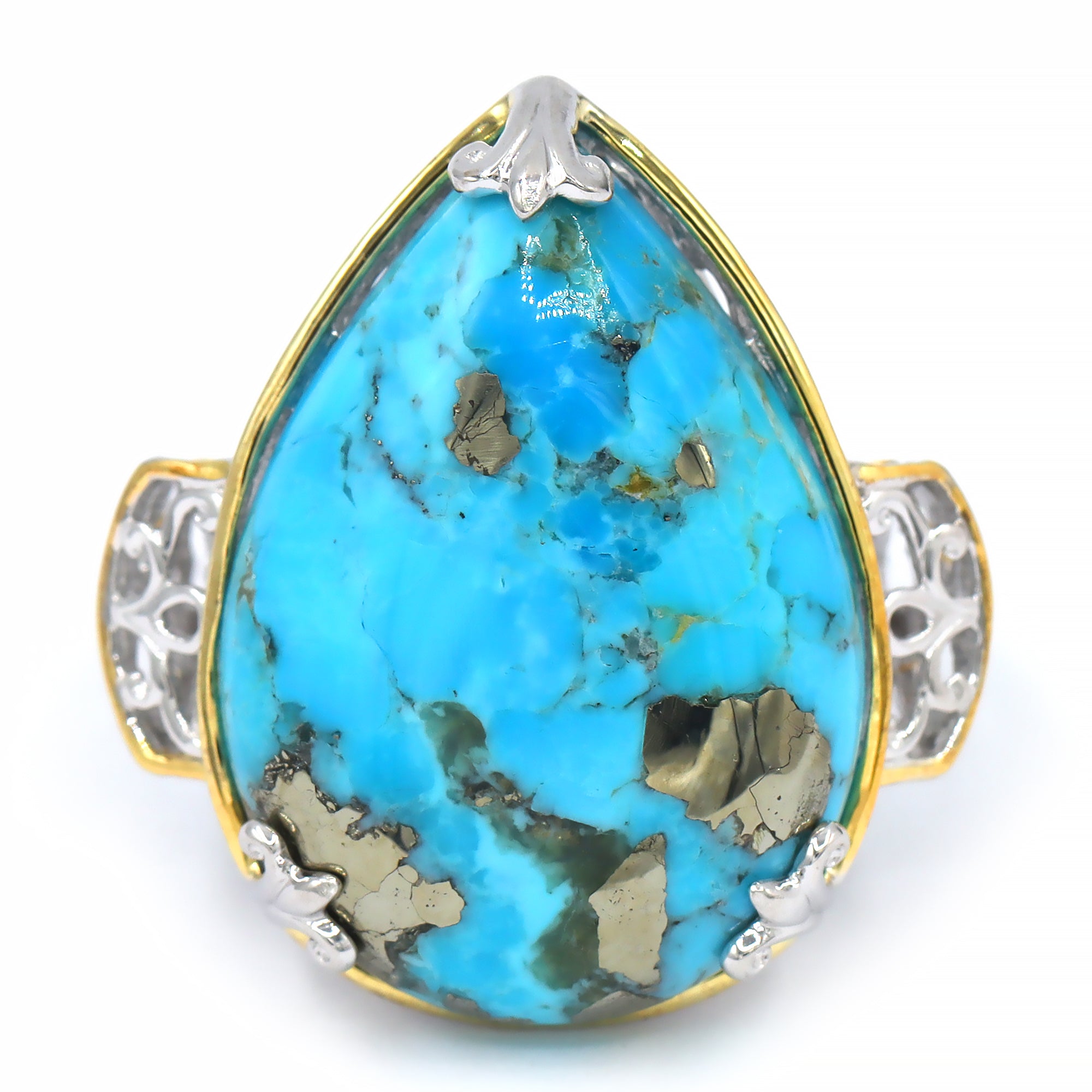 Gems en Vogue 24K Palladium Silver Pear Shape Pyrite Turquoise Ring