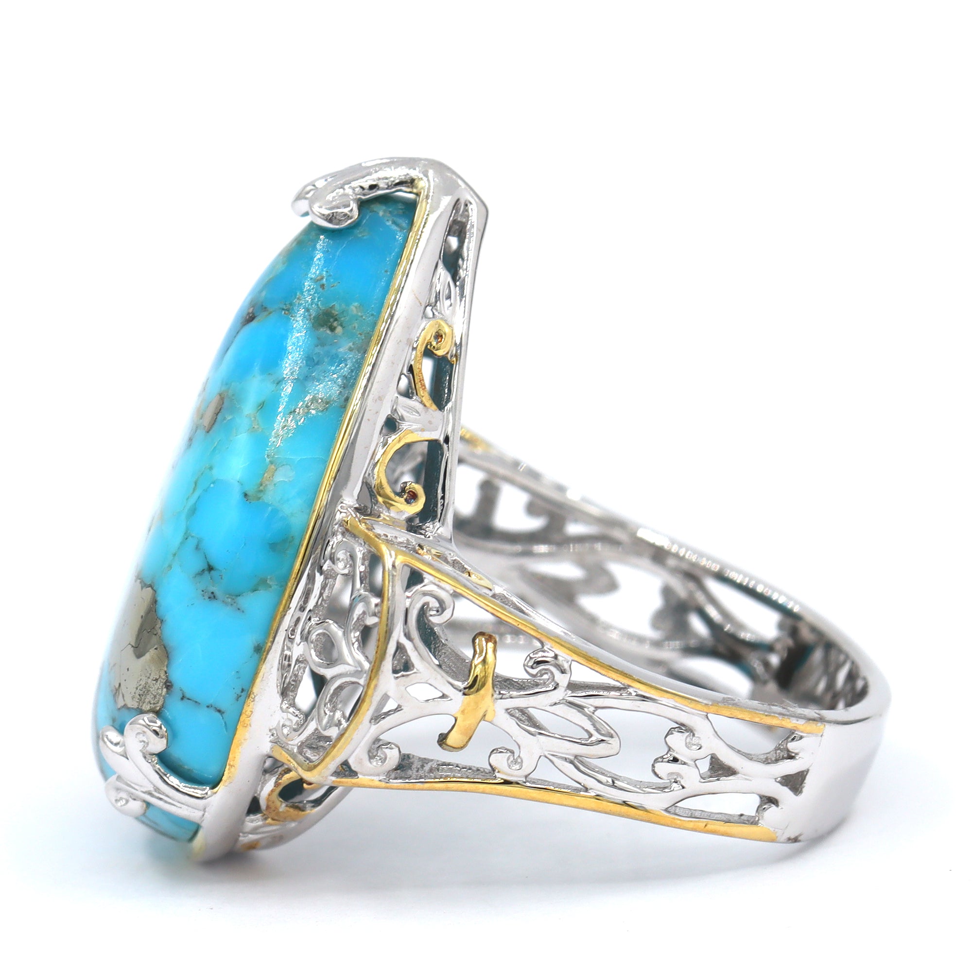 Gems en Vogue 24K Palladium Silver Pear Shape Pyrite Turquoise Ring