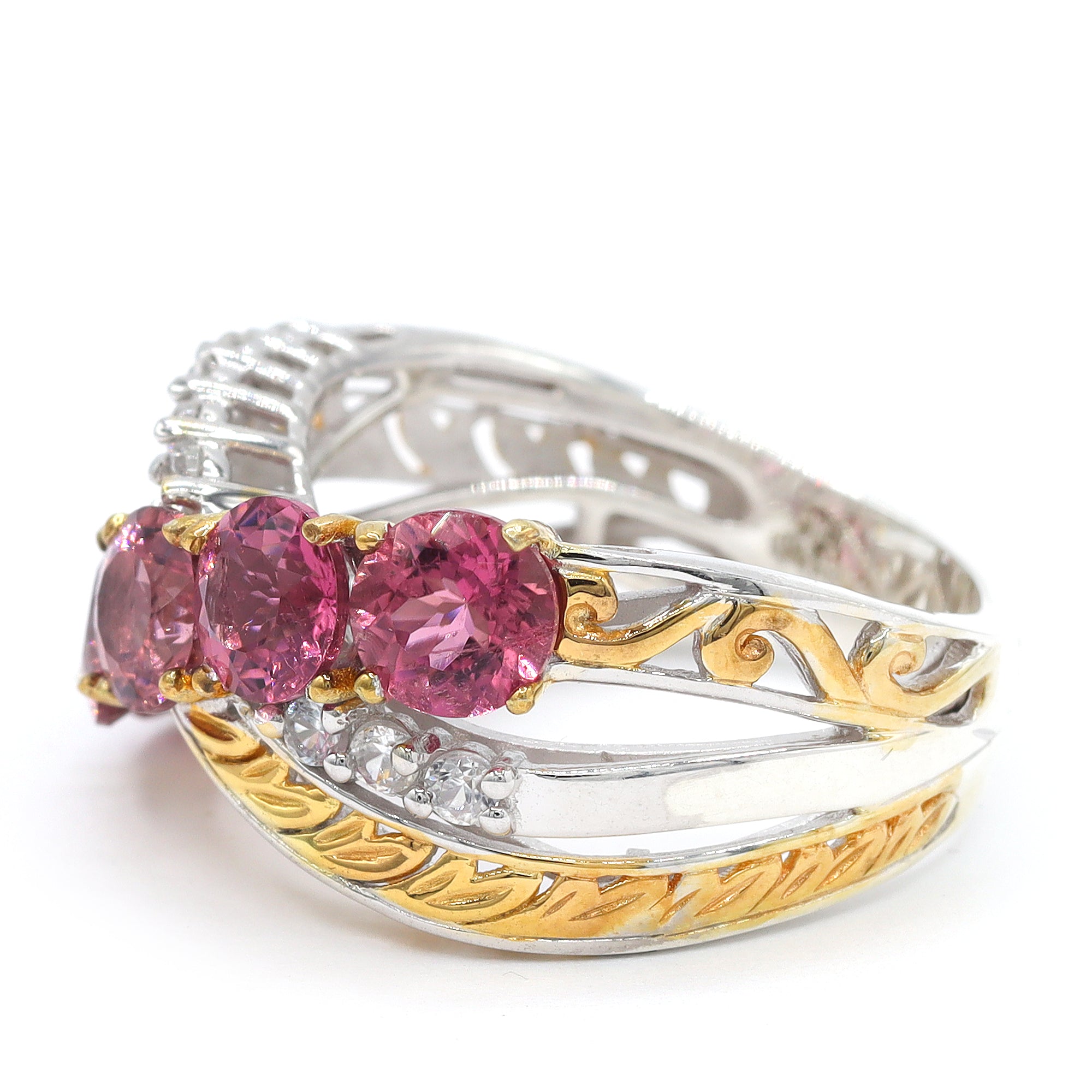 Bague à double halo Gems en Vogue unique en son genre, tourmaline rose de 2,30 carats et zircon blanc