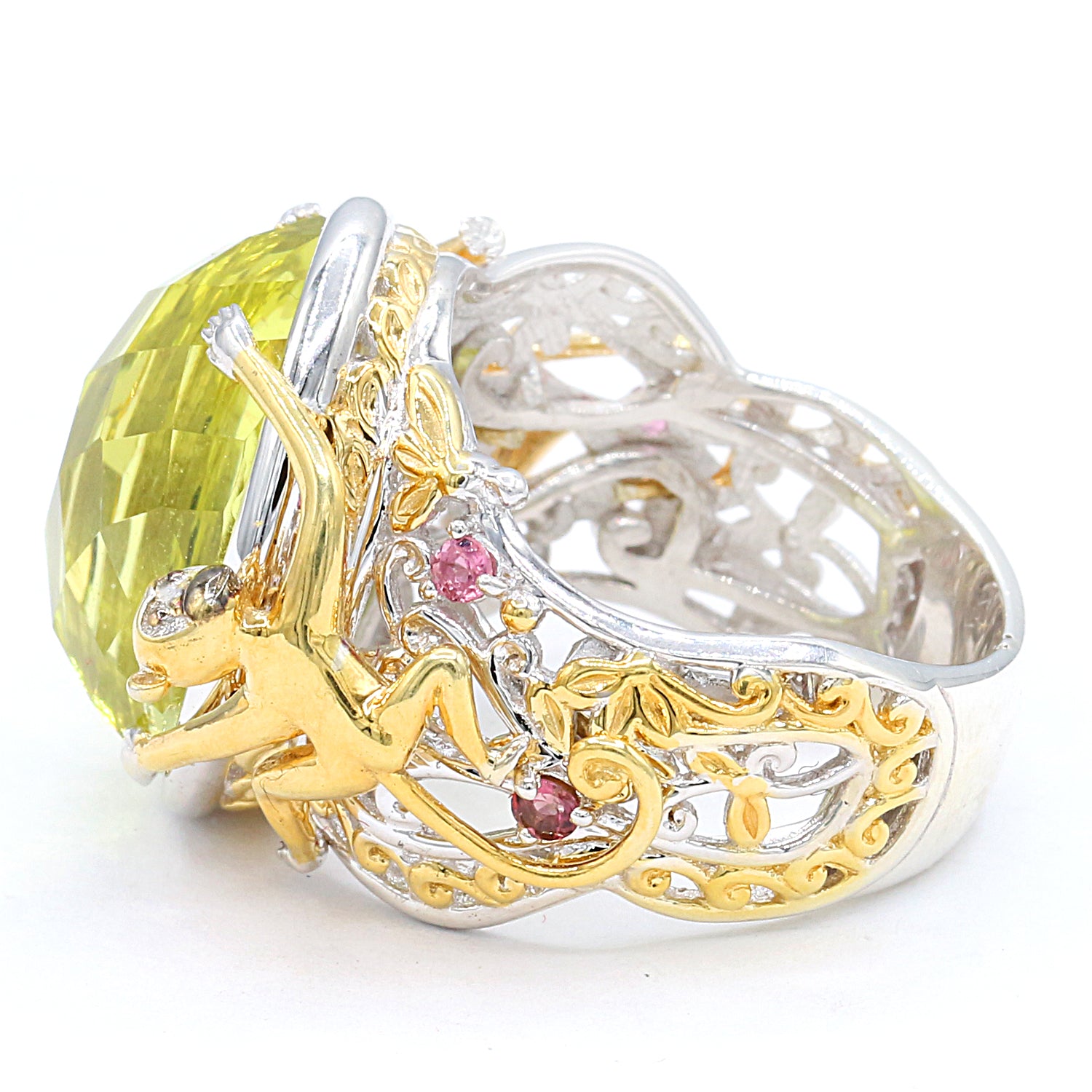 Gems en Vogue 11.78ctw Ouro Verde & Pink Tourmaline Monkey Ring