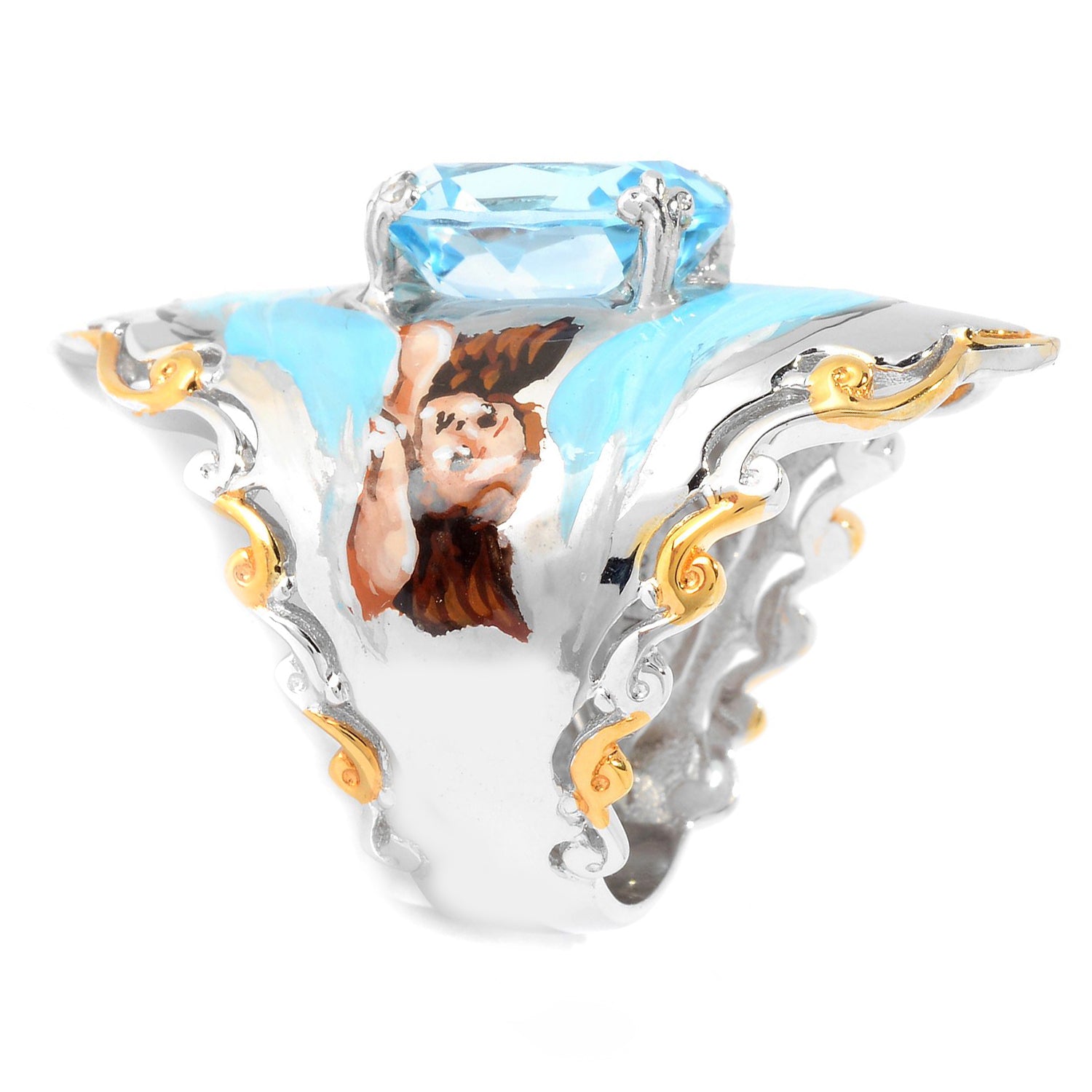 Gems en Vogue 6.00ctw Blue Topaz Choice of Painted Angel or Flower Ring CANNOT BE RESIZED