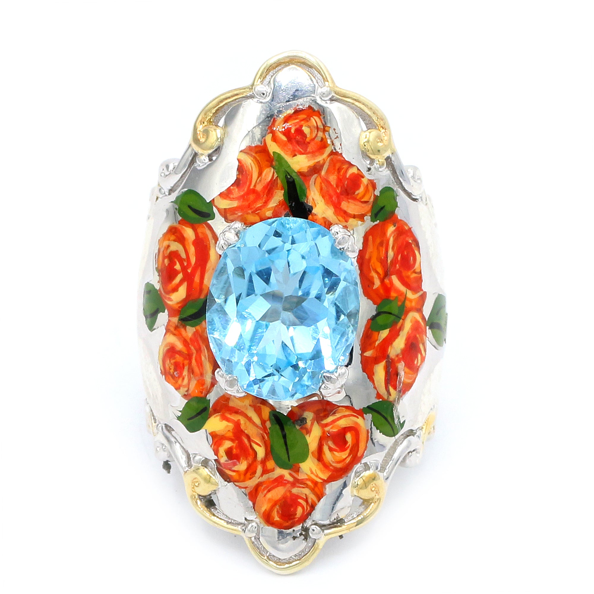 Gems en Vogue 6.00ctw Blue Topaz Choice of Painted Angel or Flower Ring CANNOT BE RESIZED