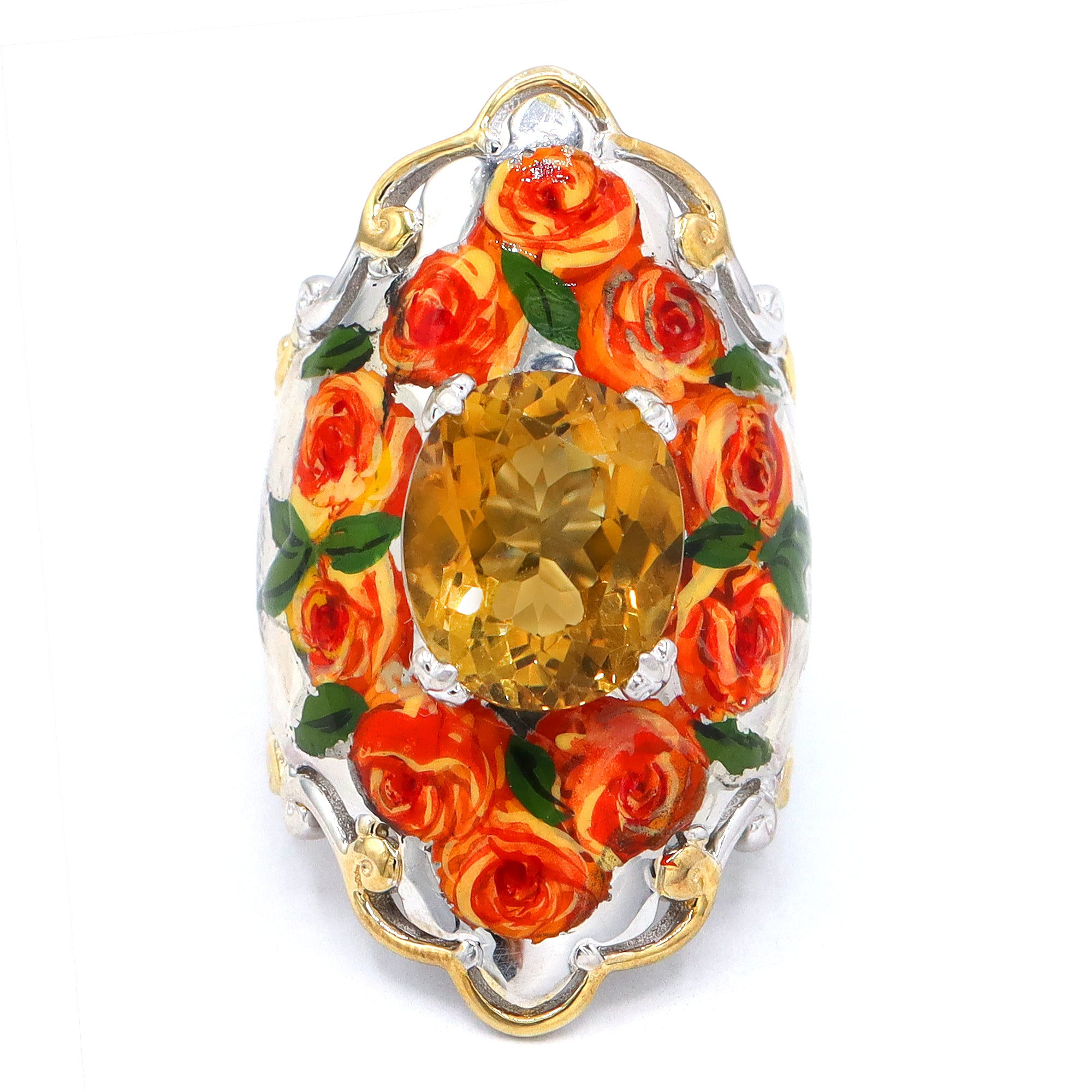 Gems en Vogue 24K Palladium Silver 4.40ctw Zambian Citrine Painted Flower Ring CANNOT BE RESIZED