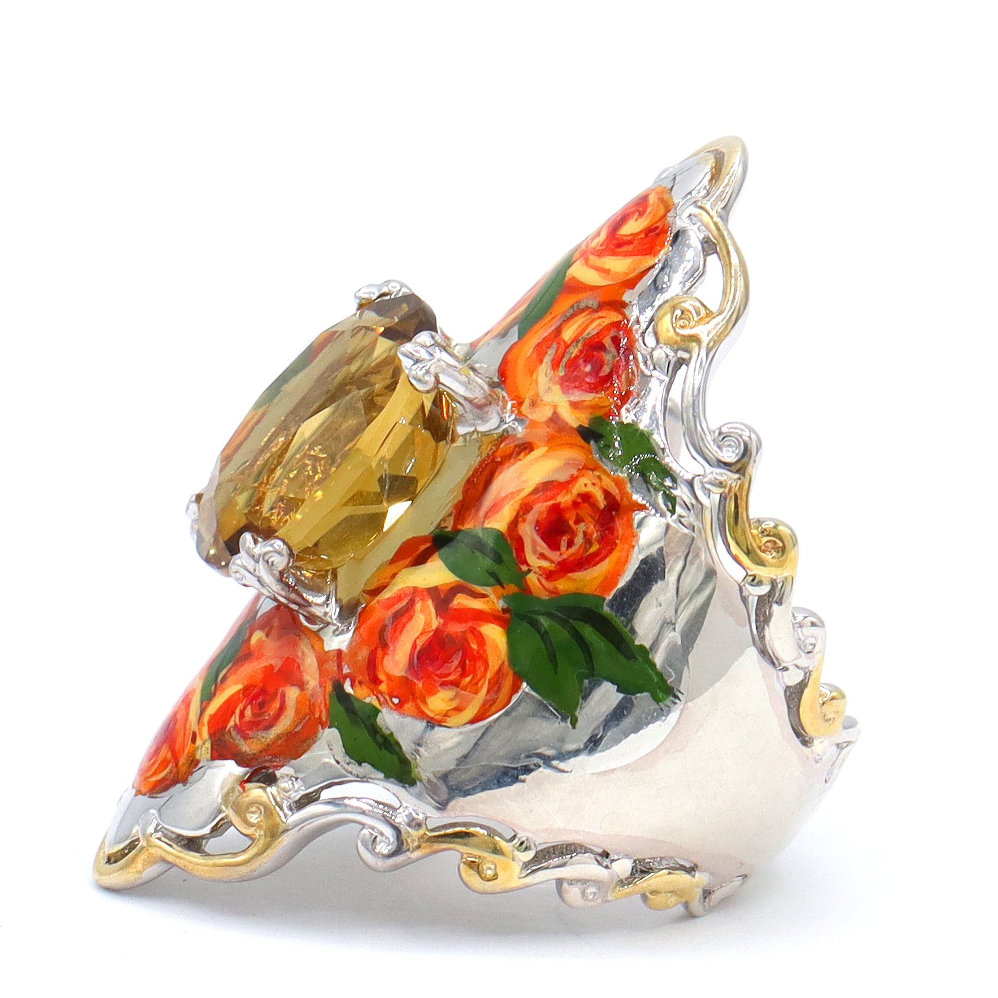 Gems en Vogue 24K Palladium Silver 4.40ctw Zambian Citrine Painted Flower Ring CANNOT BE RESIZED