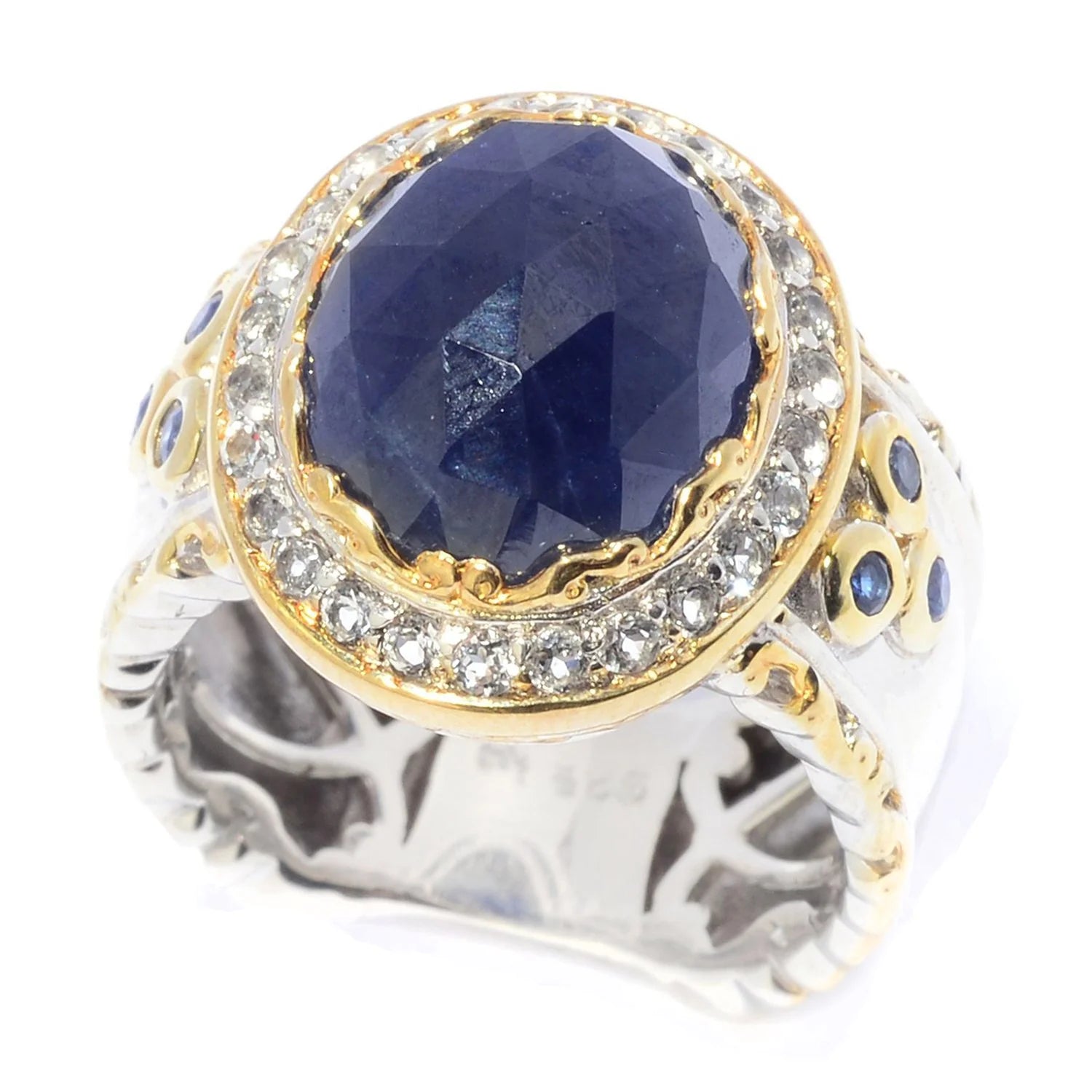 Gems en Vogue Rose Cut Blue Sapphire & White Topaz Halo Ring