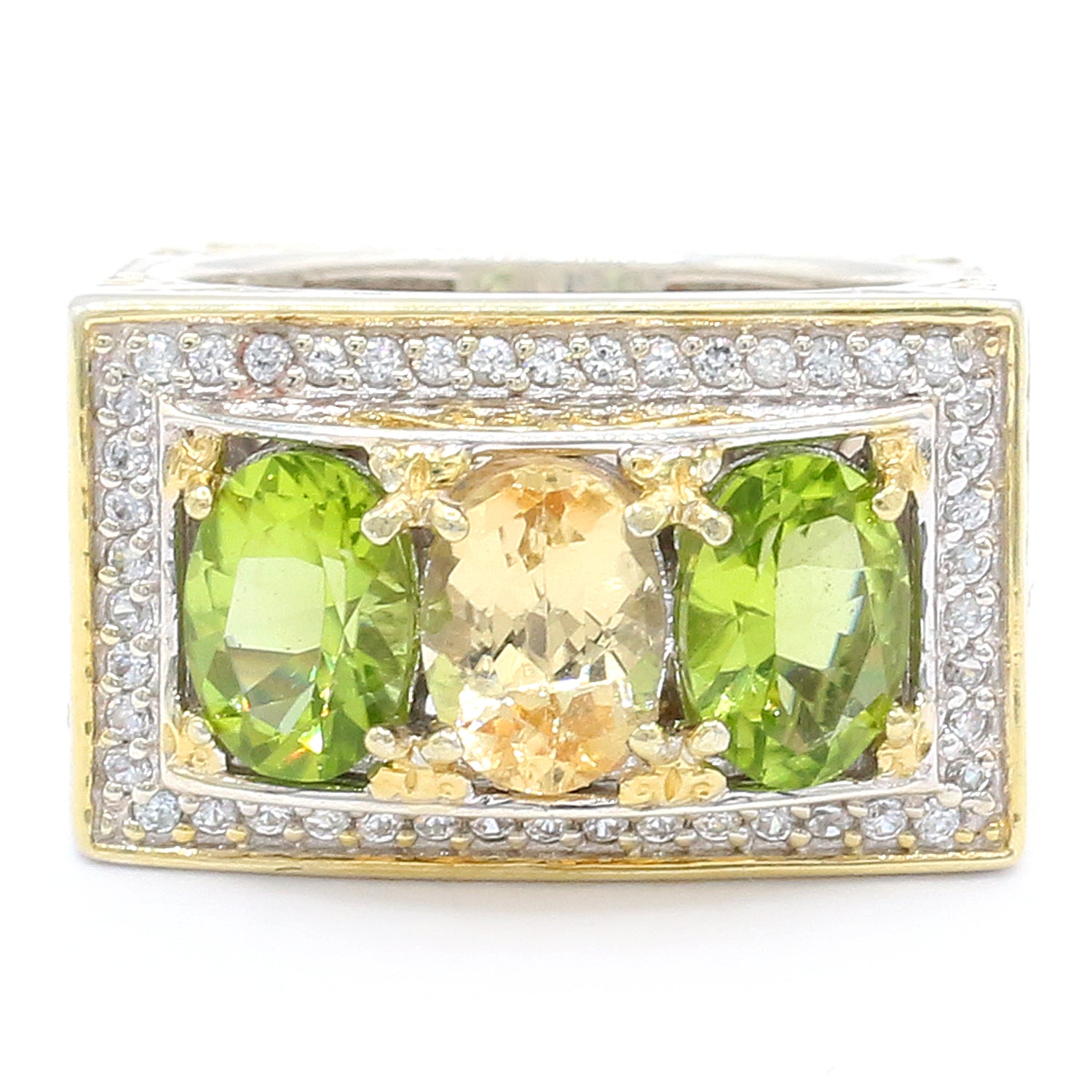 Gems en Vogue 2.93ctw Yellow Topaz, Peridot & White Zircon Three Stone Halo Ring