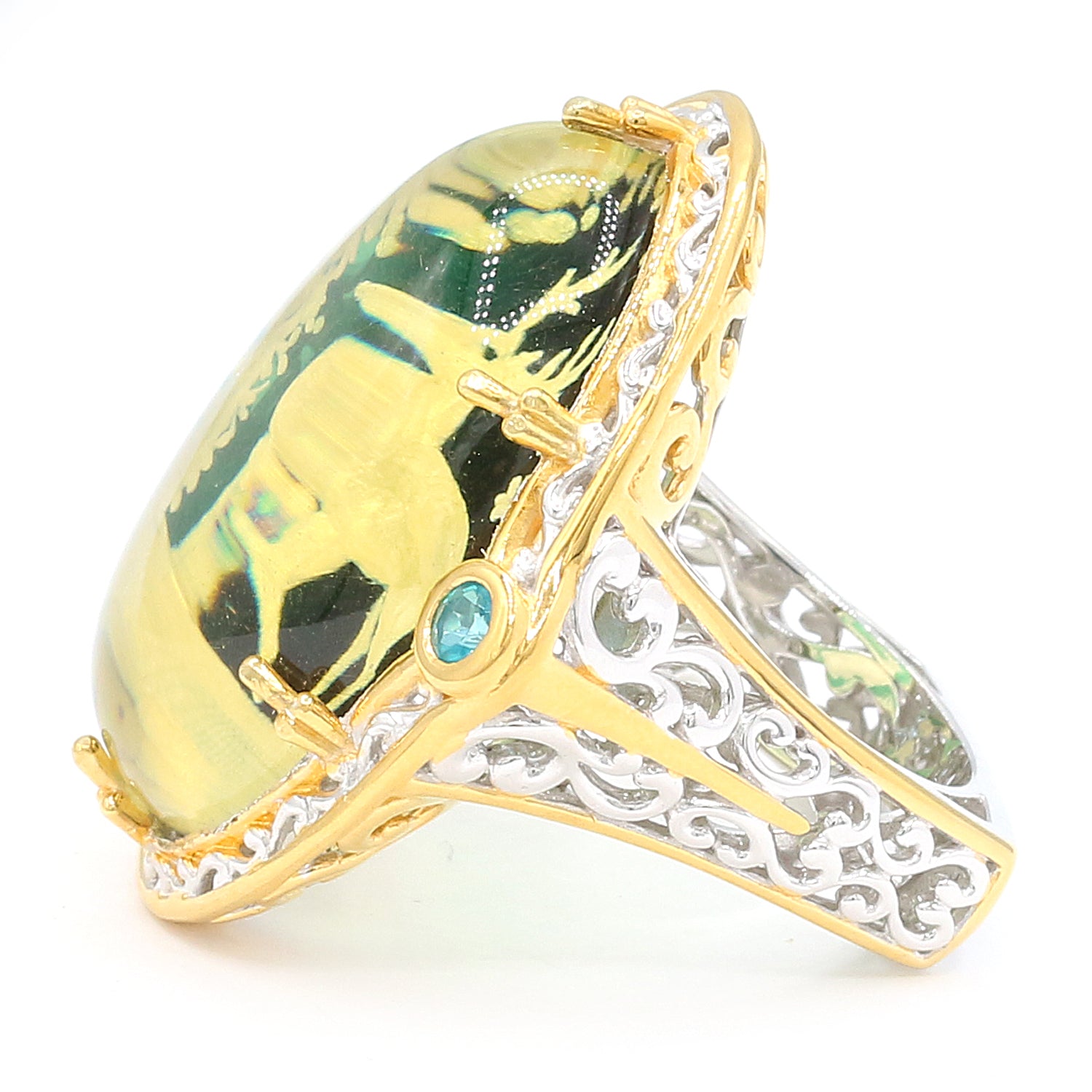 Gems en Vogue Carved Green Amber & Paraiba Topaz Reindeer Ring