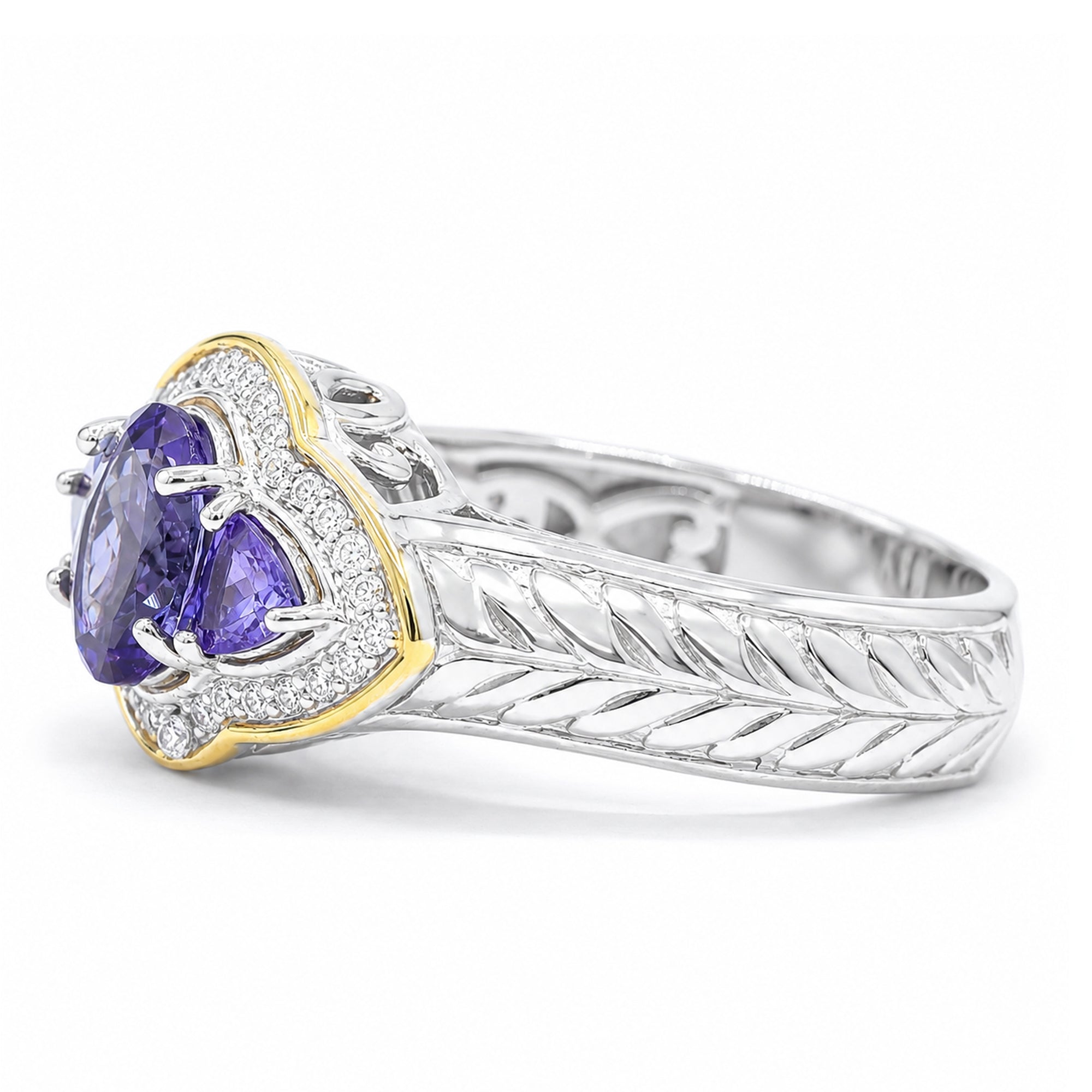 Gems en Vogue 24K Palladium Silver 1.98ctw Tanzanite & White Zircon Three Stone Ring